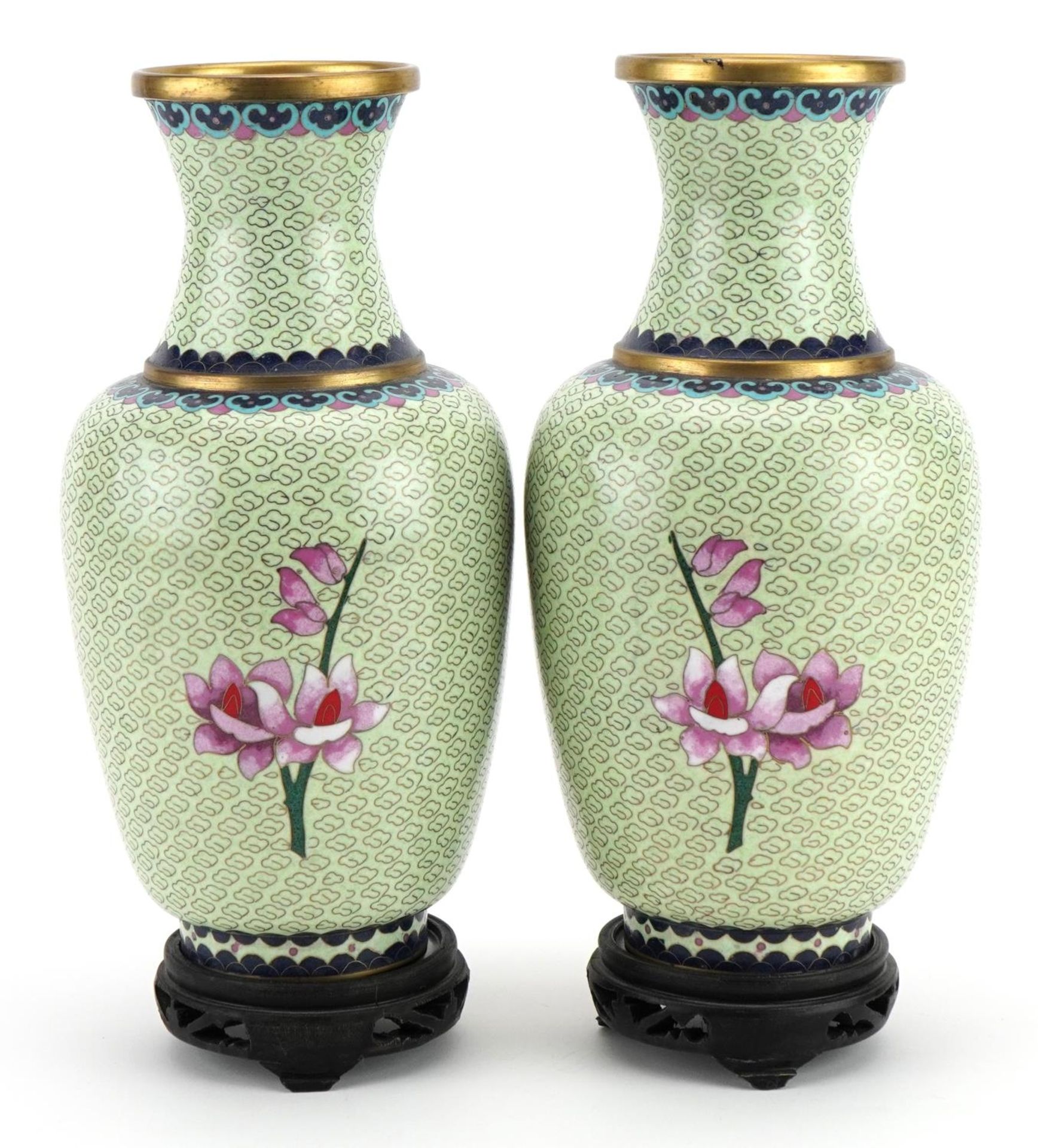 Pair of Chinese cloisonne vases raised on hardwood stands, each enamelled with flowers, each 29cm - Image 2 of 3