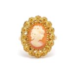 18ct gold cameo maiden head ring, size R, 5.1g