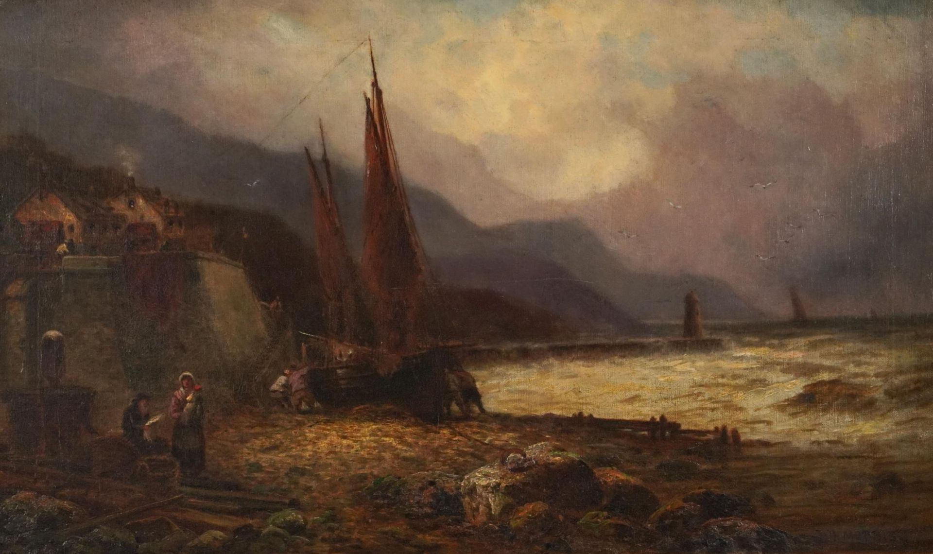 J D Morris - Coastal landscape with figures and moored boats at twilight, oil on board, framed, 75cm