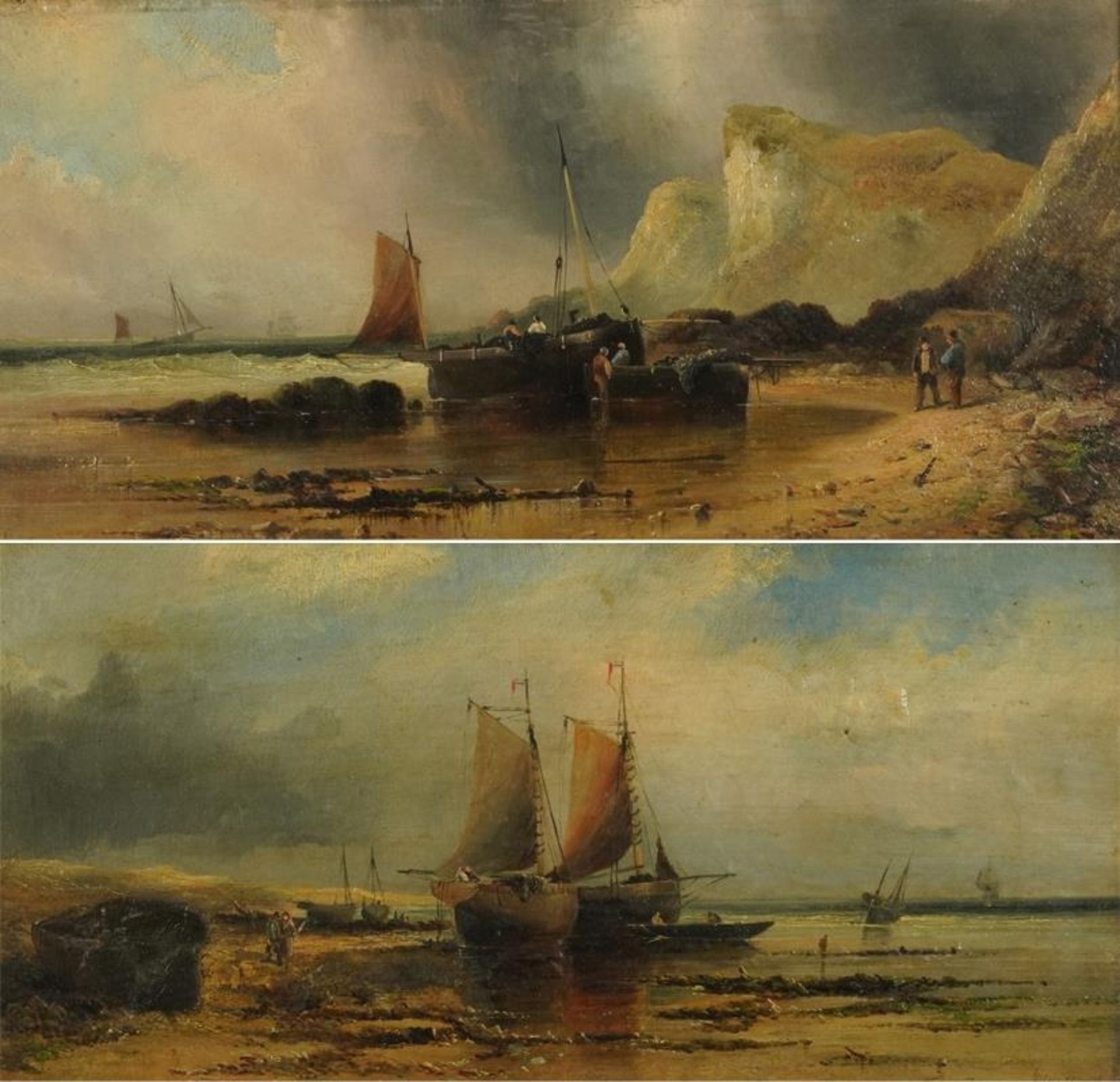 W Wall - Moored fishing boats with figures, pair of 19th century oil on canvasses, T Vintiner labels