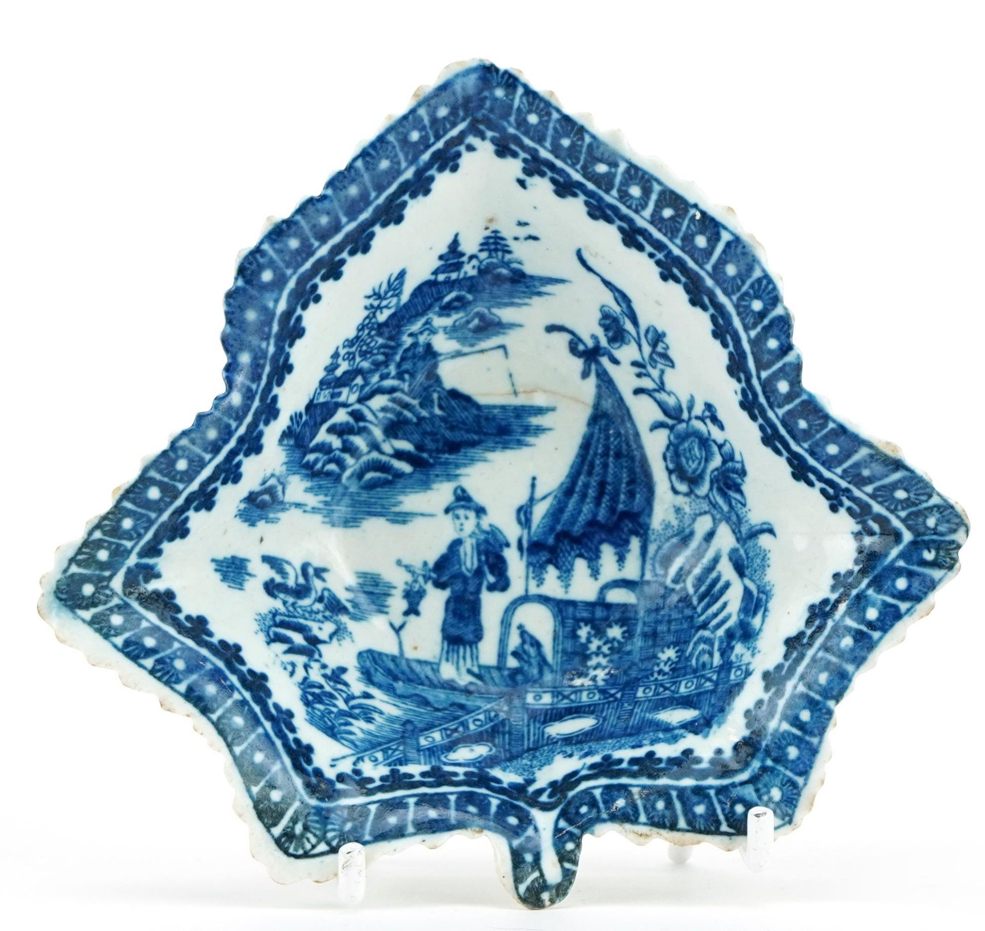 18th century Caughley porcelain leaf dish printed in the Fisherman pattern, 13cm wide