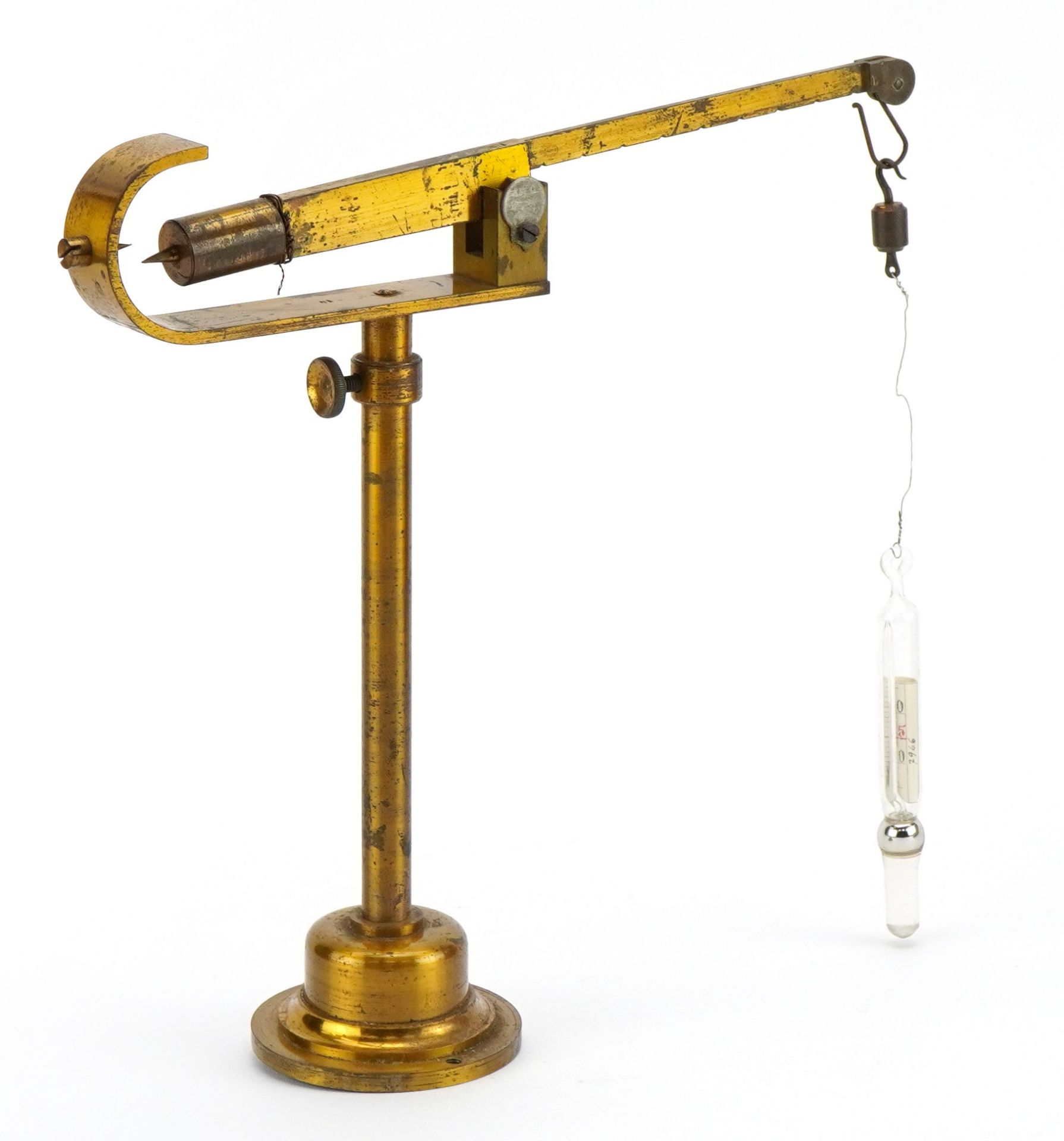 Set of antique brass specific gravity balances with Reimann's thermometer housed in a fitted - Image 3 of 4