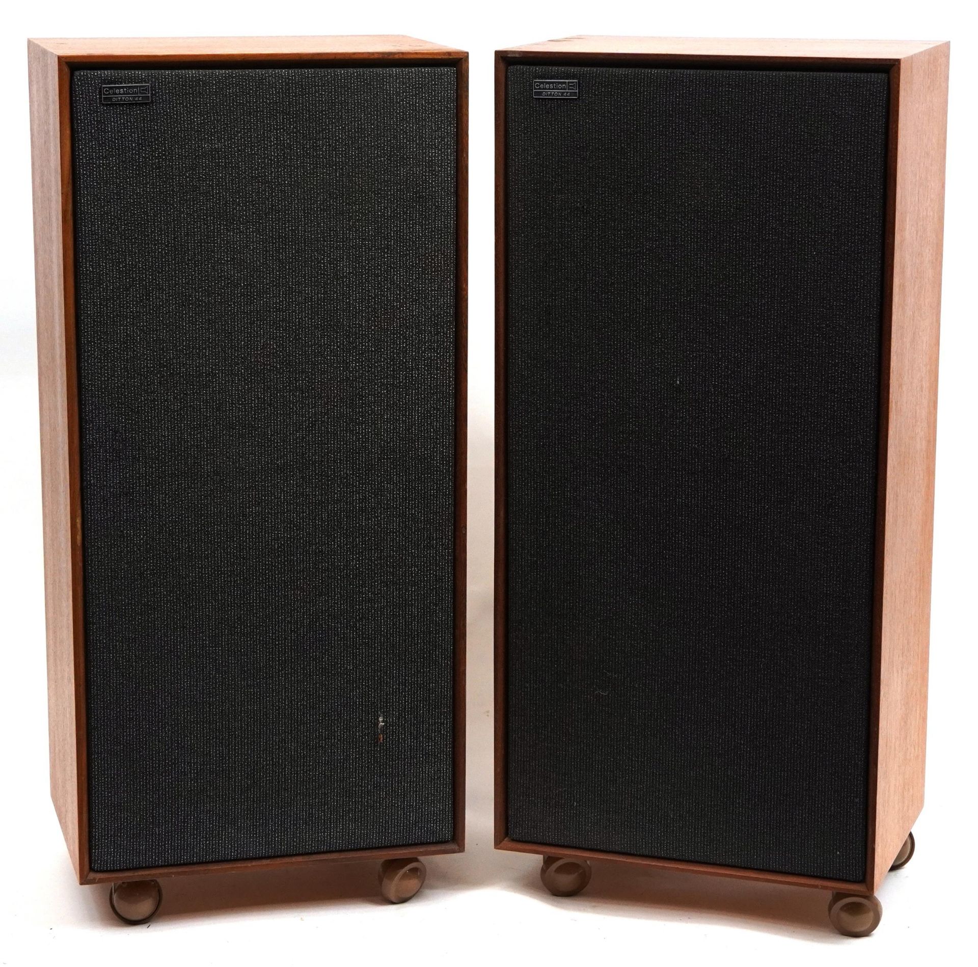 Pair of vintage Celestion Ditton 44 teak framed speakers, each 82cm high