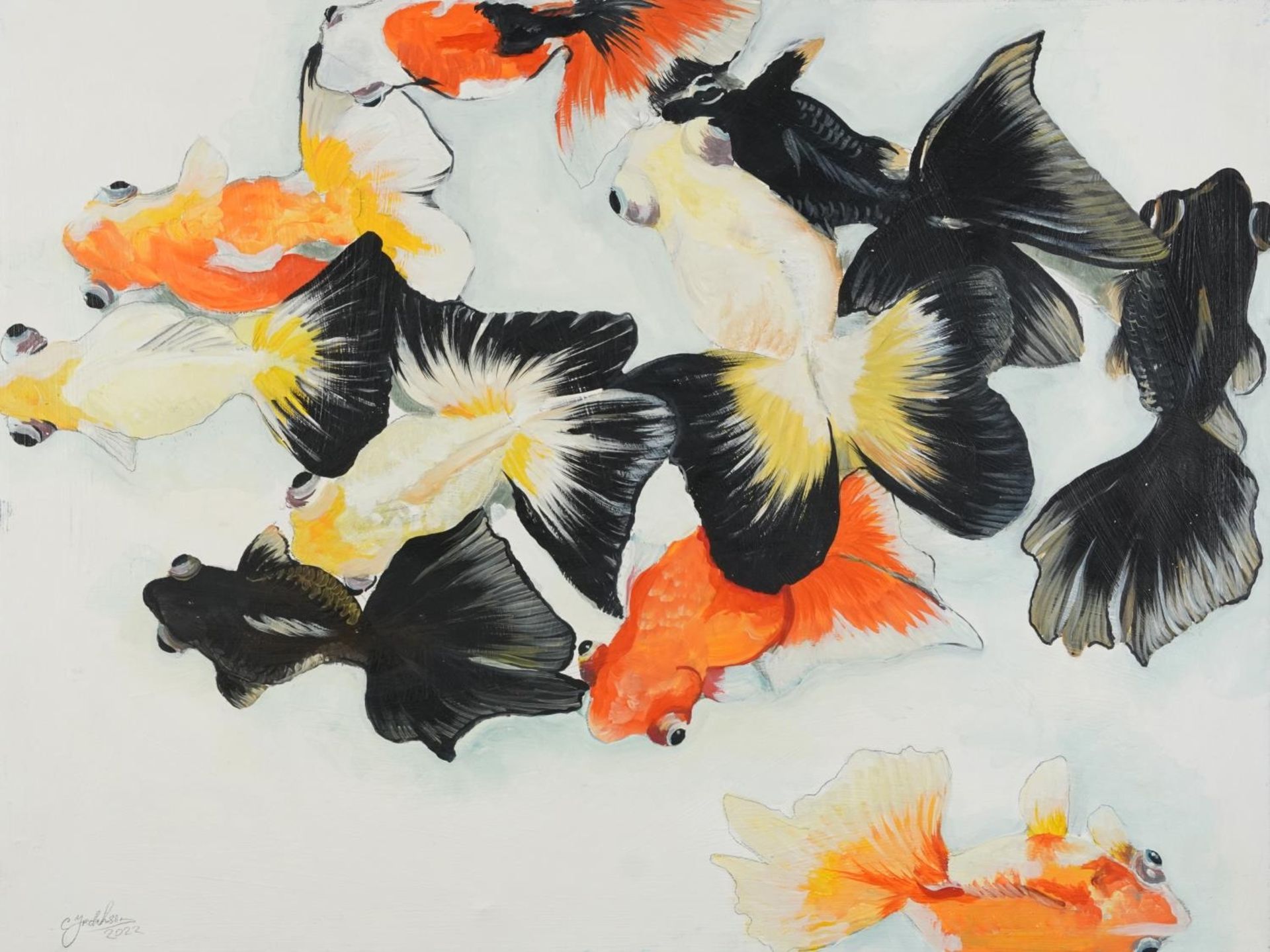 Clive Fredriksson - Goldfish, oil on canvas, unframed, 78.5cm x 59.5cm