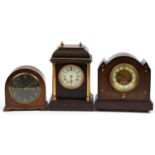 Three mahogany cased mantle clocks, one with abalone inlay, the largest 27cm high