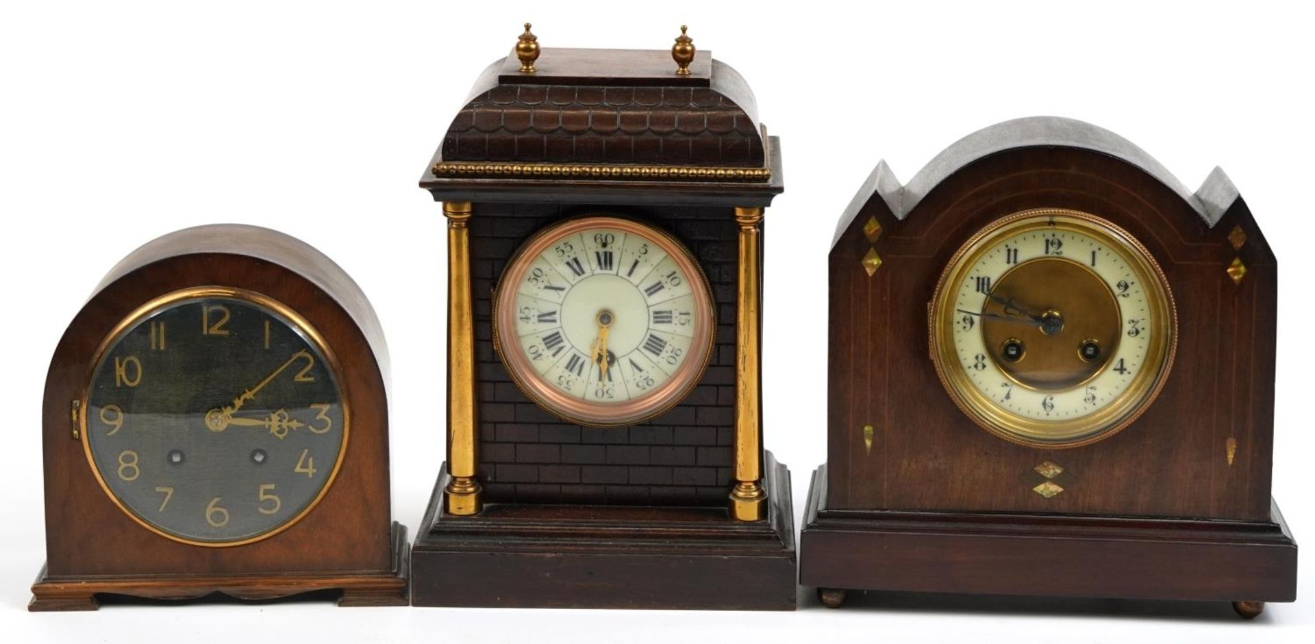 Three mahogany cased mantle clocks, one with abalone inlay, the largest 27cm high