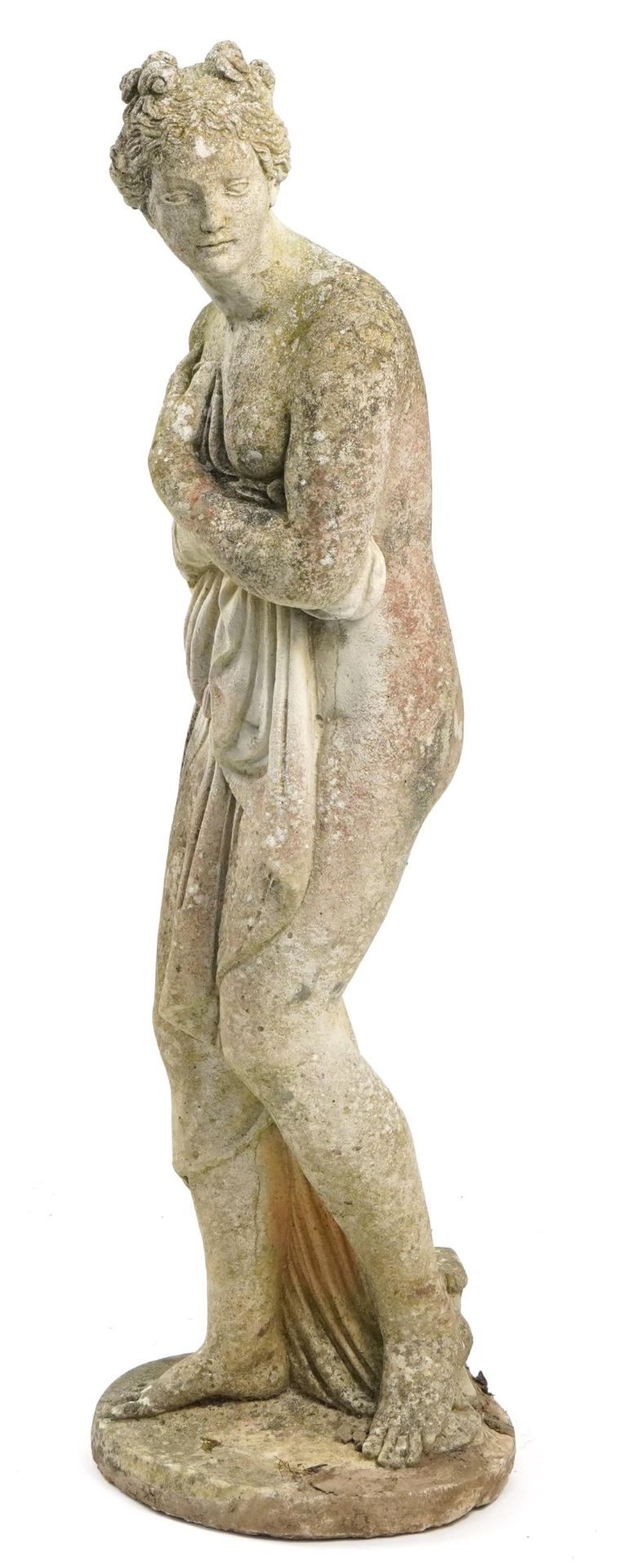 Large garden stoneware figure of a semi nude maiden, 117cm high