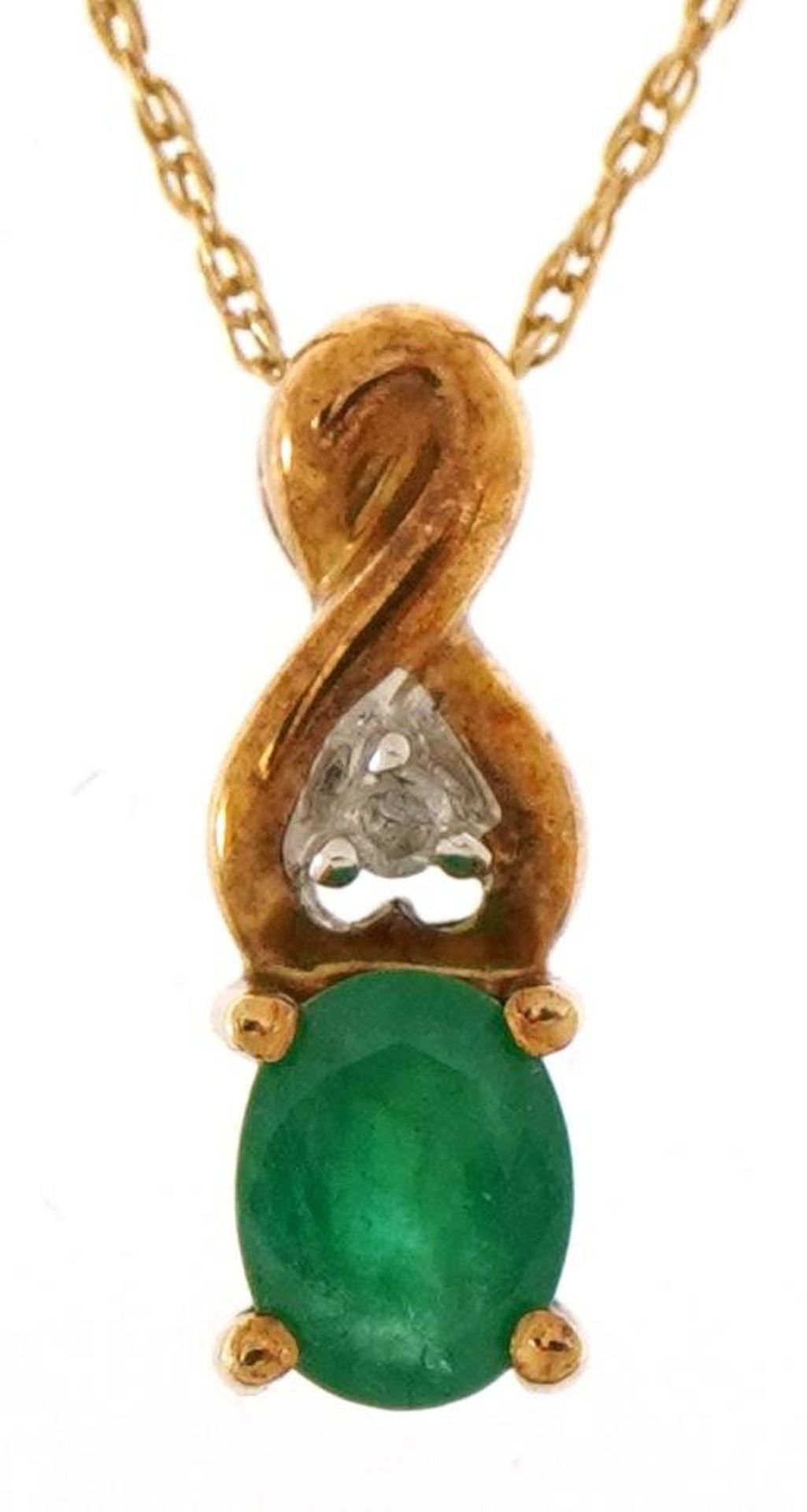 9ct gold emerald and diamond pendant on a 9ct gold necklace, 1.3cm high and 46cm in length, total