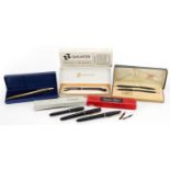 Vintage and later fountain pens and ballpoint pens, some with boxes including Conway Stewart Dinky