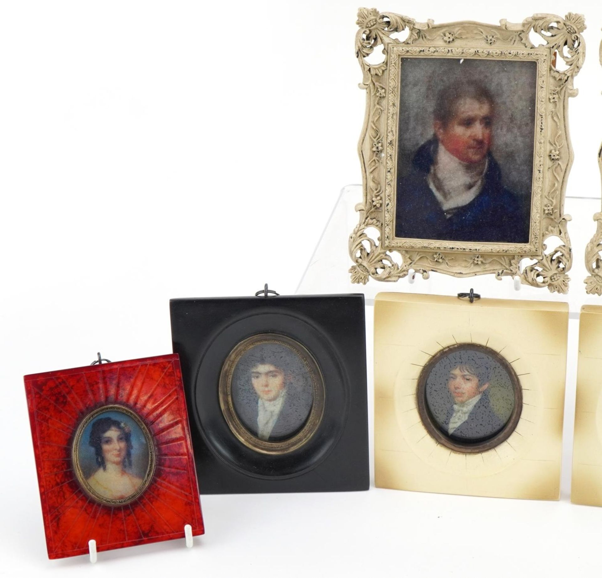 Eight portrait miniatures including female with a dog and gentlemen wearing cravats, the largest - Image 2 of 5