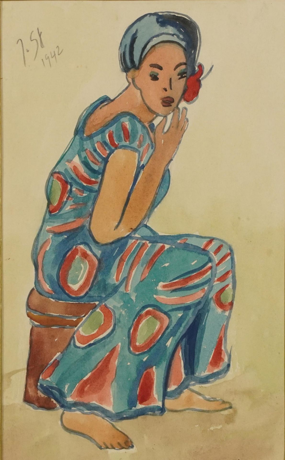 Study of a female, South African school watercolour on paper, labels verso, mounted, framed and