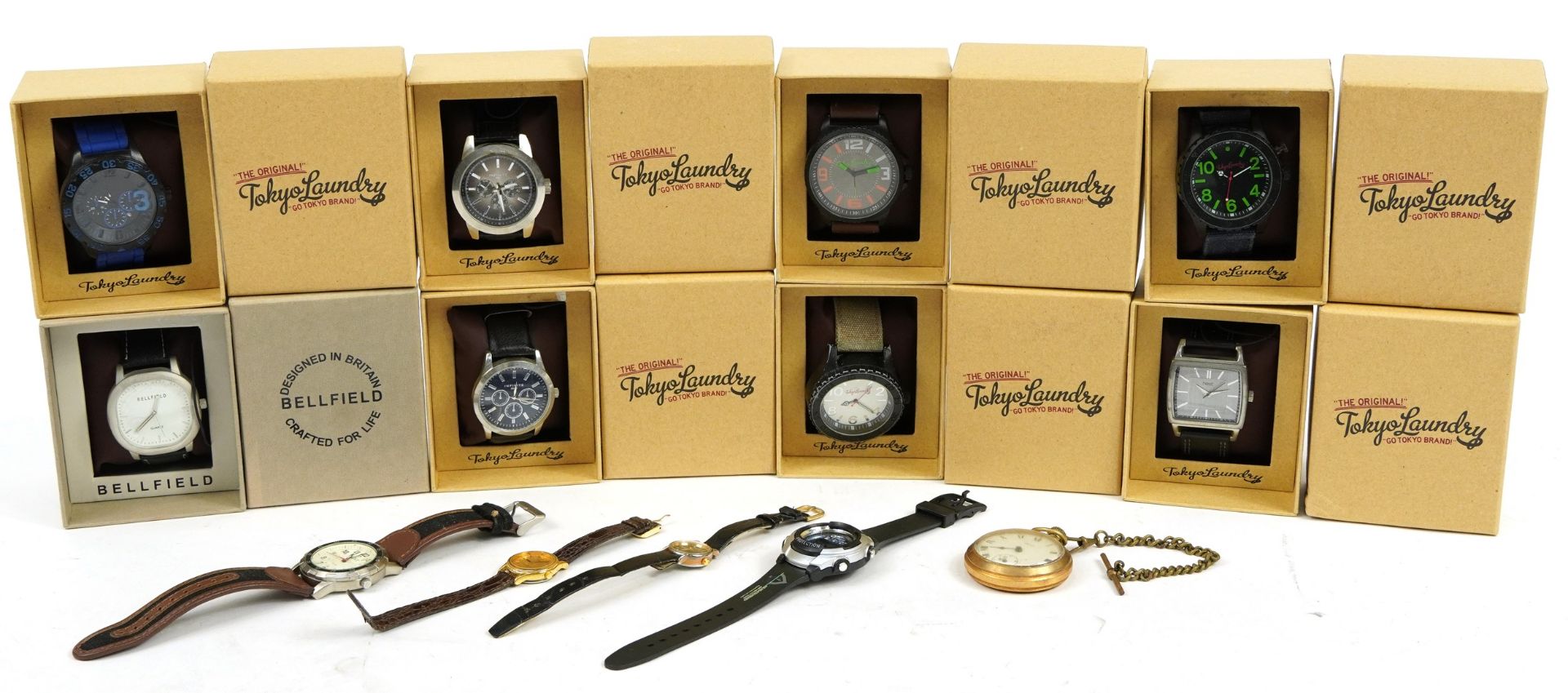 Wristwatches and pocket watches including Bellfield and Tokyo Laundry with boxes
