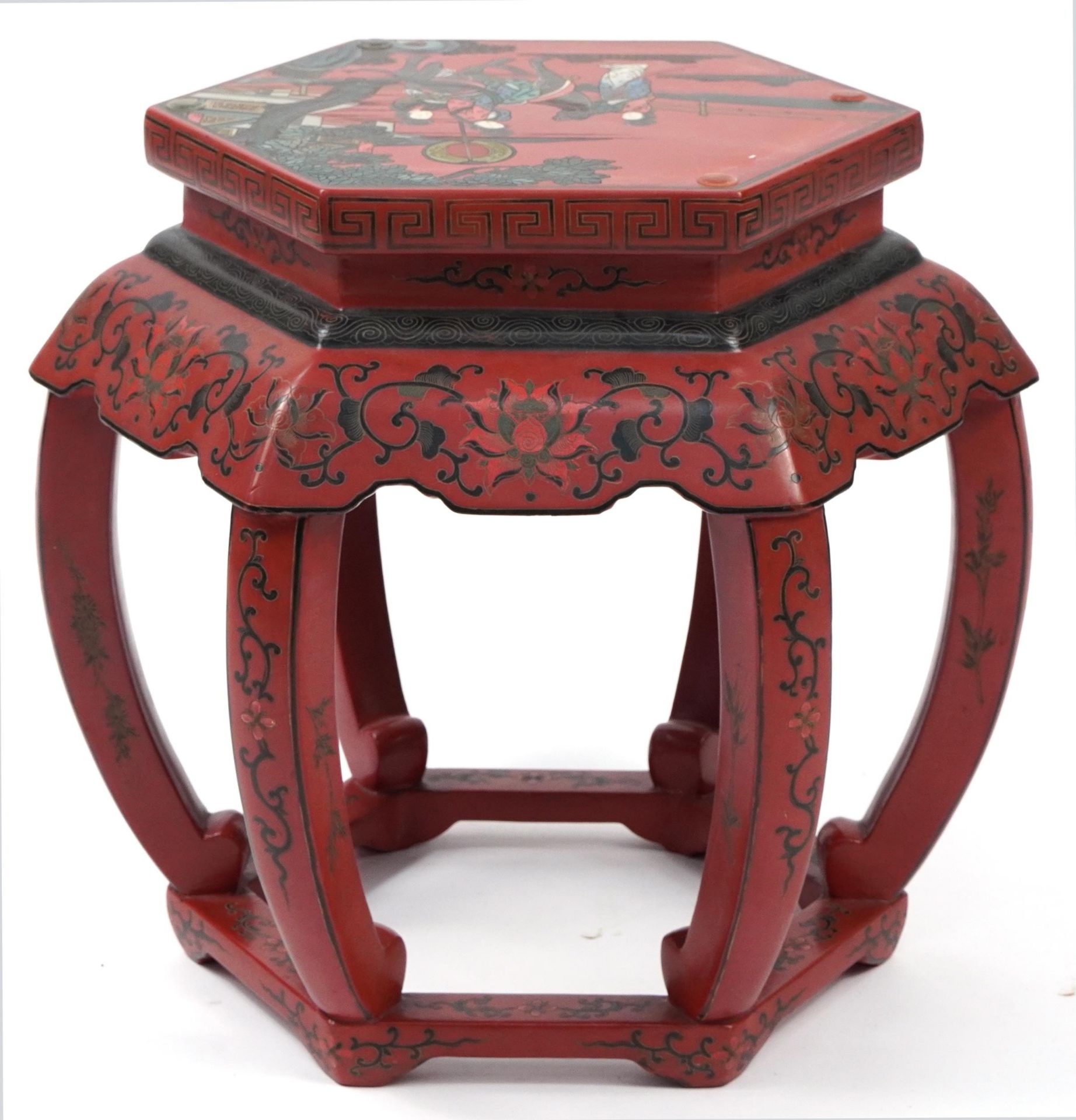 Chinese red lacquered chinoiserie occasional table, 48cm H x 52cm W x 46cm D - Bild 3 aus 3