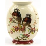 Large Victorian aesthetic vase hand painted with two birds on a branch with flowers, 37.5cm high