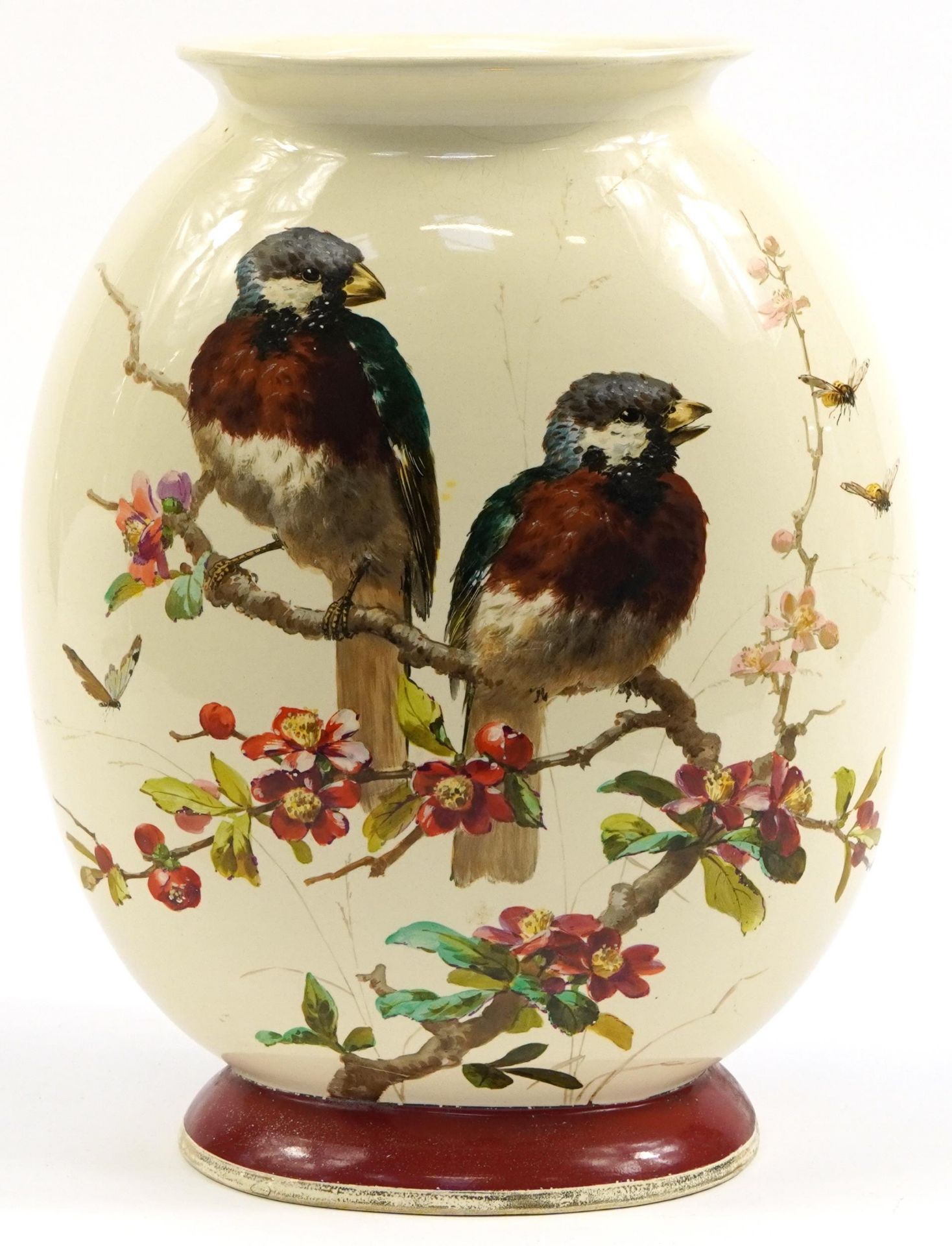 Large Victorian aesthetic vase hand painted with two birds on a branch with flowers, 37.5cm high