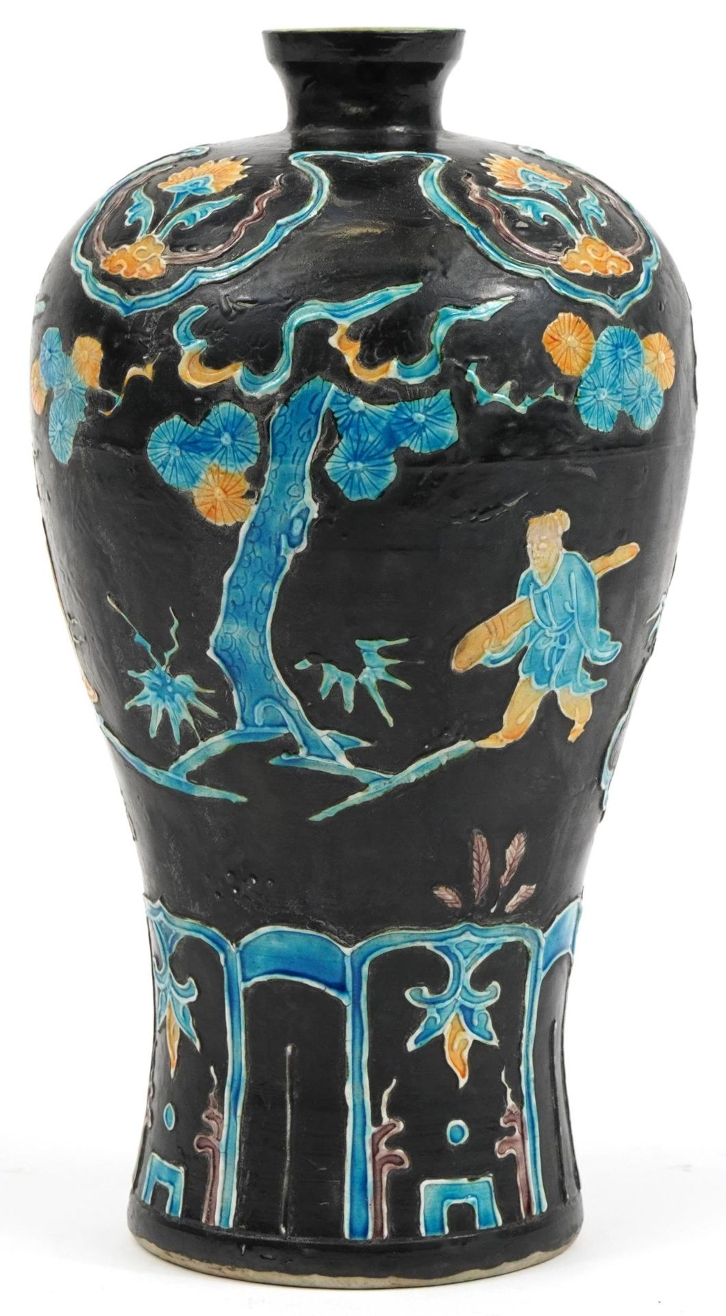 Chinese porcelain black ground vase hand painted with figures, 31cm high