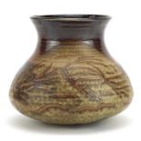 Martin Brothers style stoneware vase hand painted with stylised fish, incised R W Martin 1912 to the