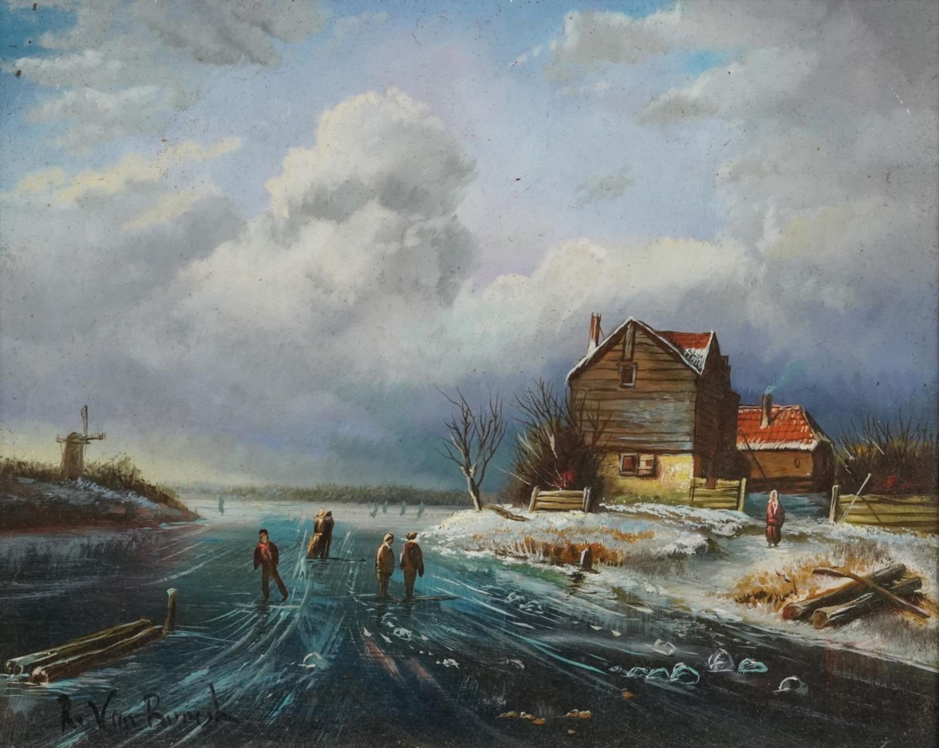 Dutch winter landscape with figures skating, oil on board, indistinctly signed, possibly R Van