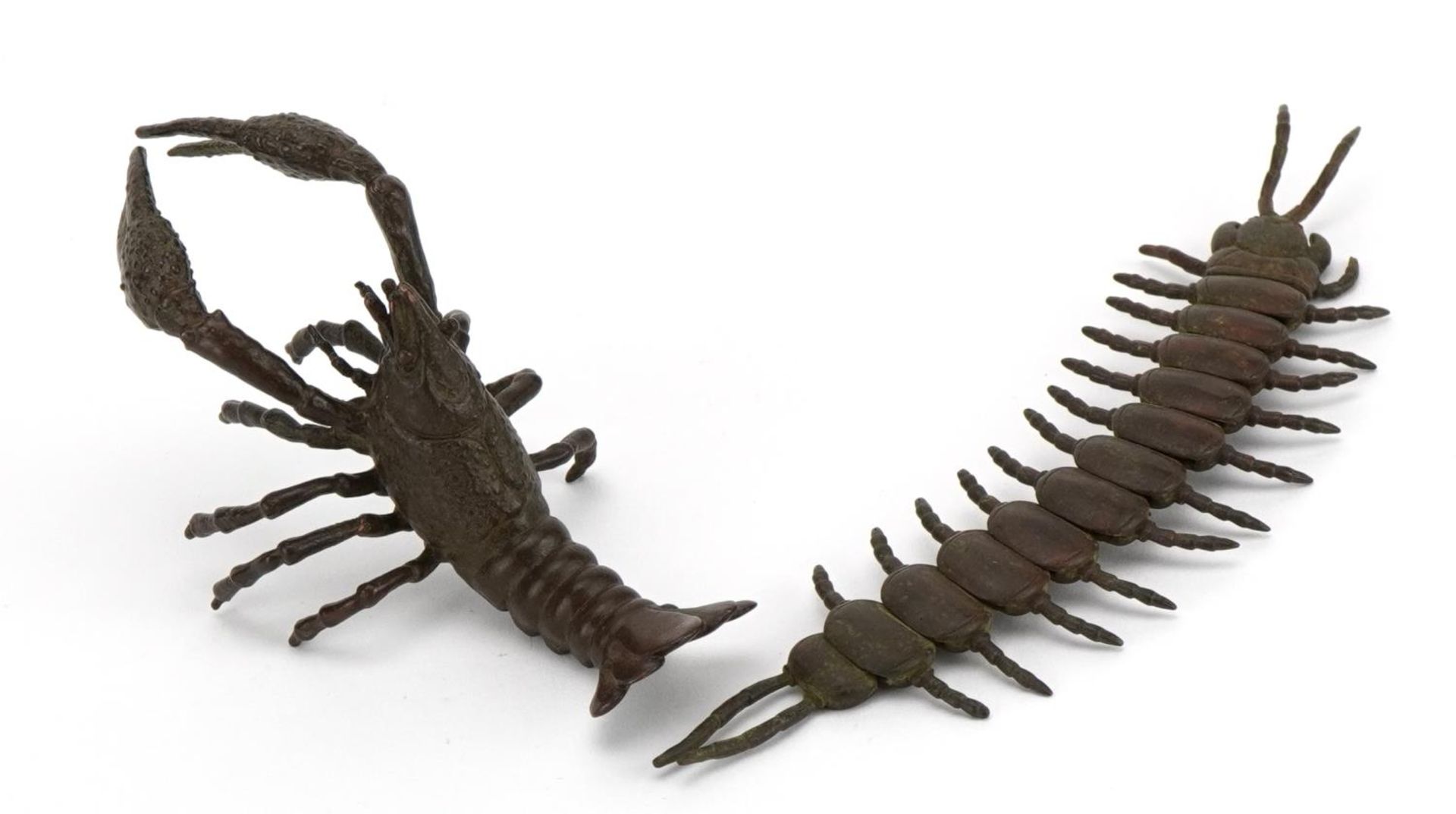 Two Japanese patinated bronze animals comprising lobster and centipede, each with impressed marks - Image 2 of 4