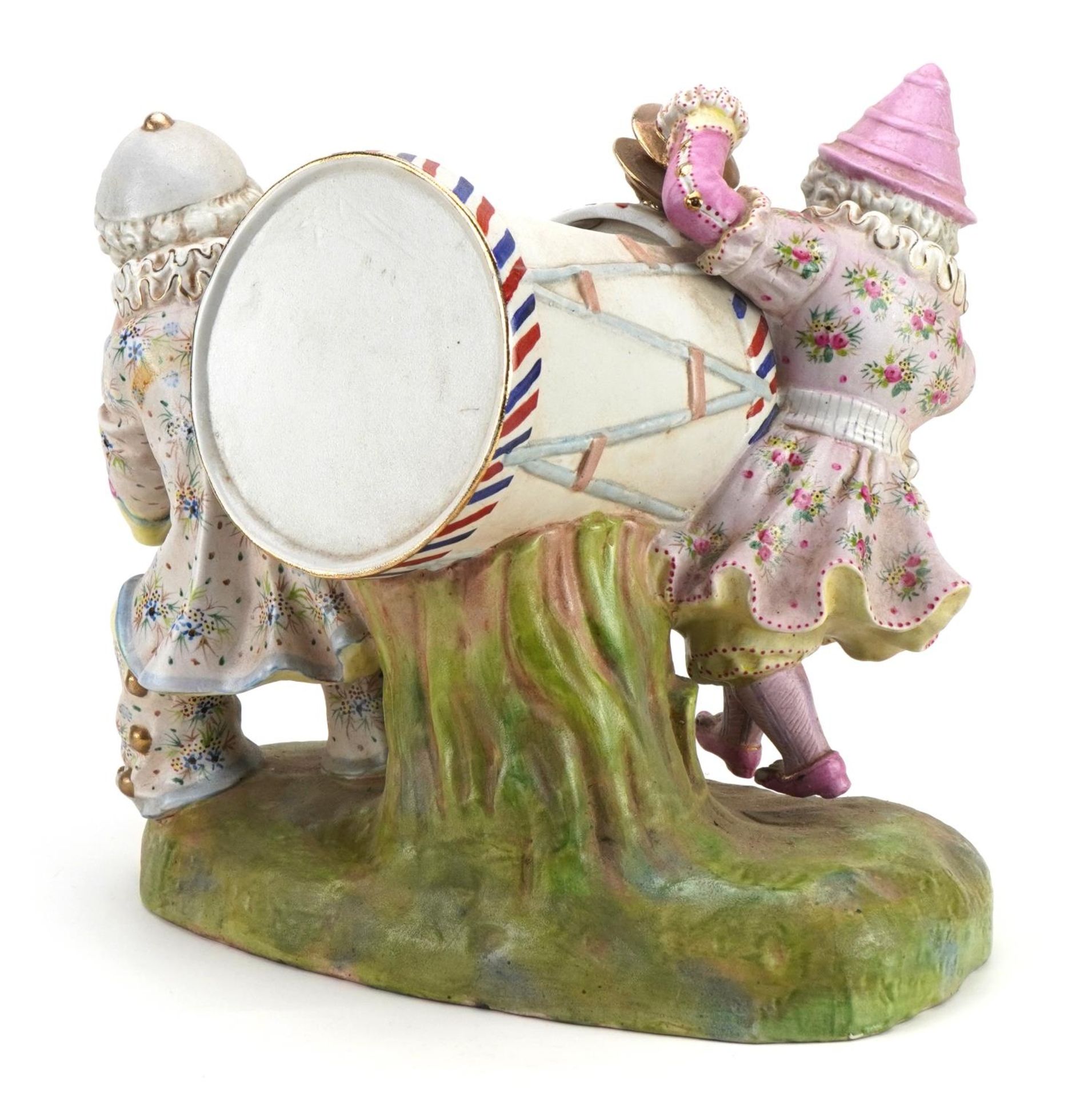 Victorian bisque figural centrepiece of two young musicians with drum, 37cm wide - Image 2 of 3