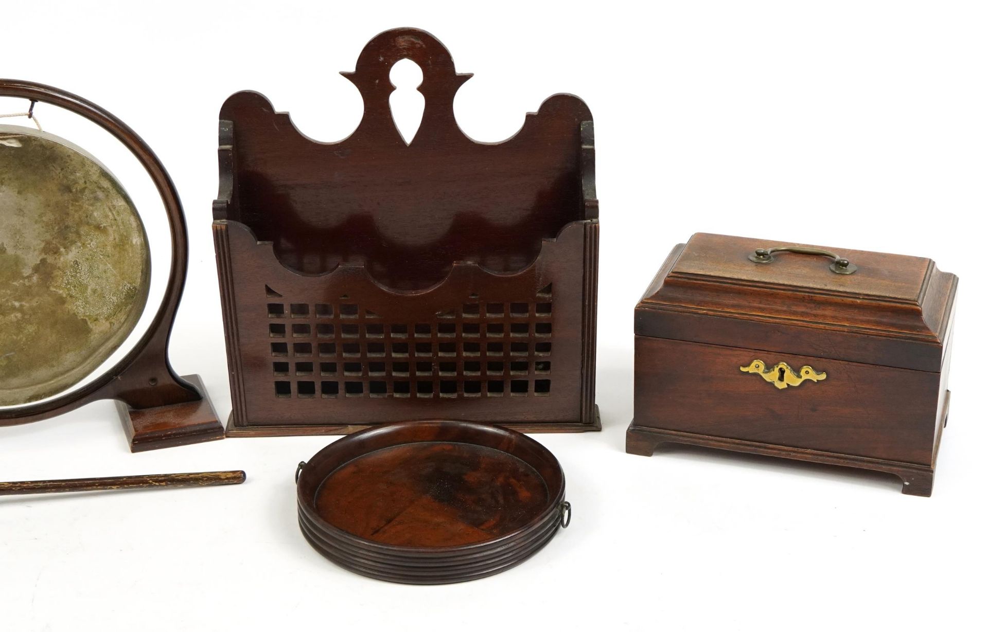 Woodenware including a Georgian mahogany tea caddy, table dinner gong, circular coaster with ring - Image 3 of 3