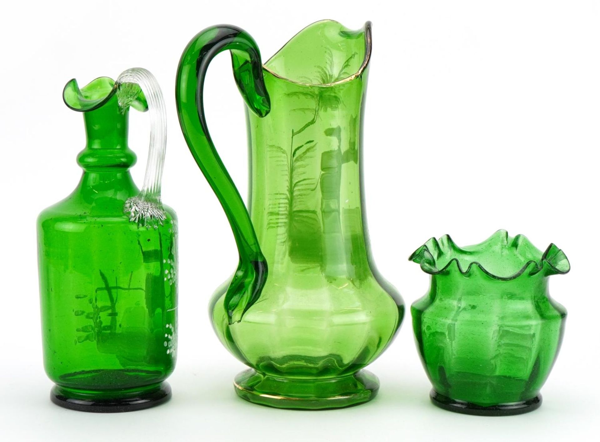 Two Victorian Mary Gregory green glass jugs and a frilled vase hand painted with young children, the - Image 2 of 3