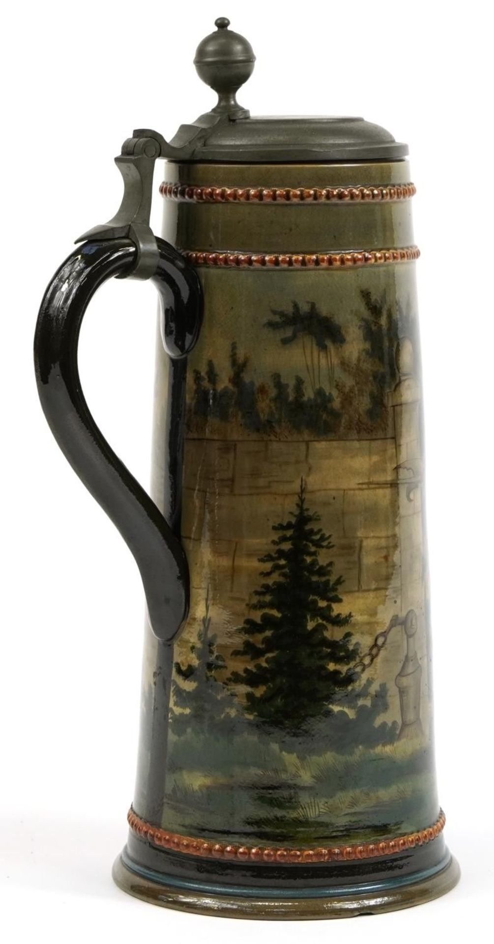 Continental potttery beerstein with pewter lid, hand painted with figures, 37cm high - Image 3 of 4