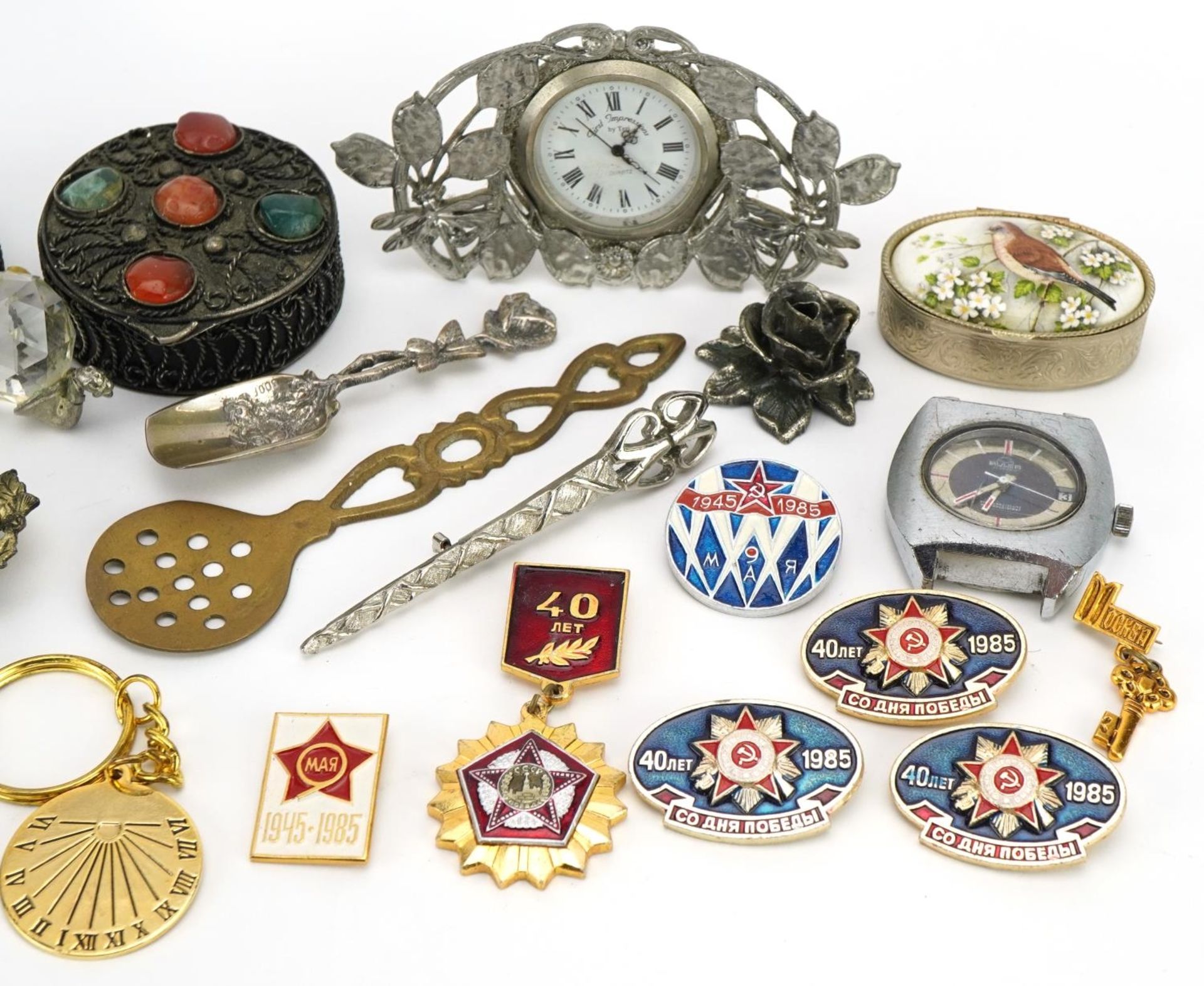 Objects including Russian enamelled badges, trinkets and a vintage Buler gentlemen's wristwatch - Image 3 of 3