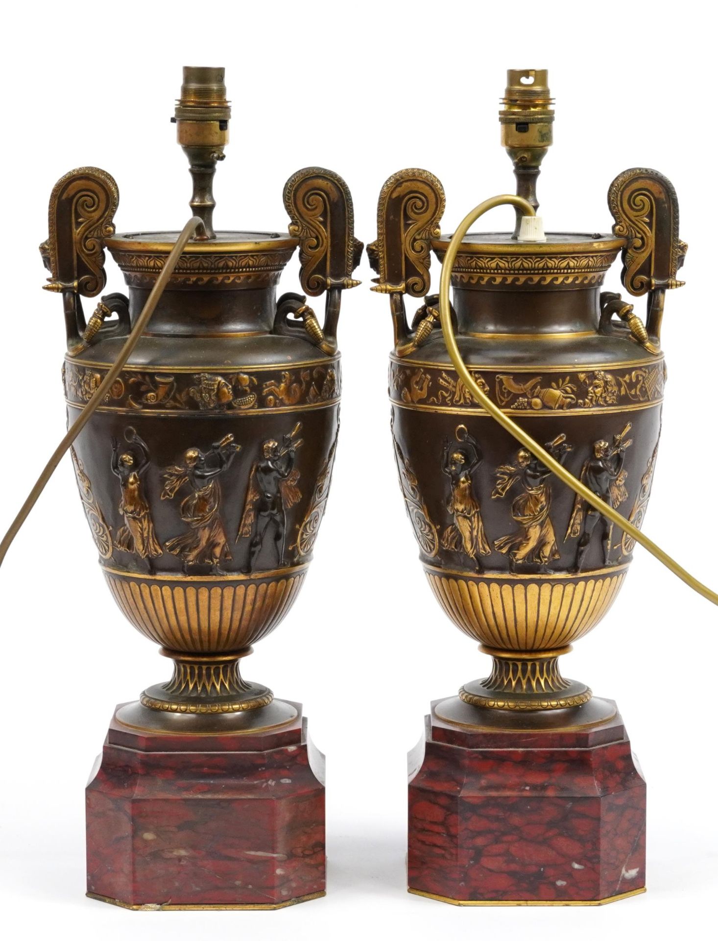 Pair of 19th century style classical patinated bronze vase urn table lamps with twin handles - Image 2 of 3