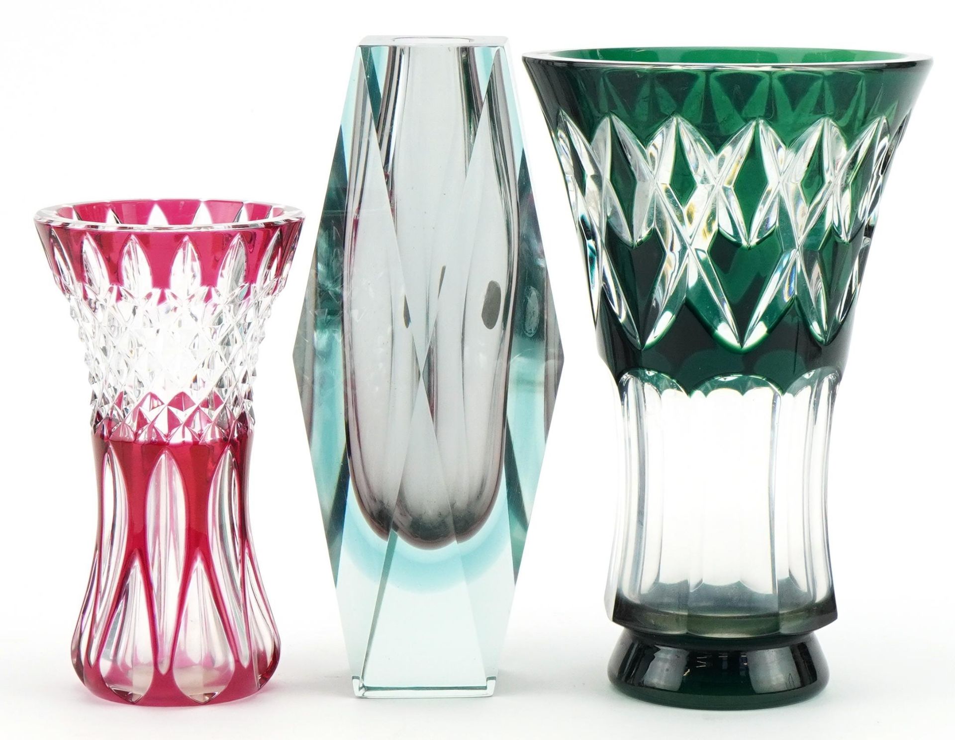 Murano Sommerso two colour glass vase and two Val St Lambert flashed glass vases, the largest 20cm