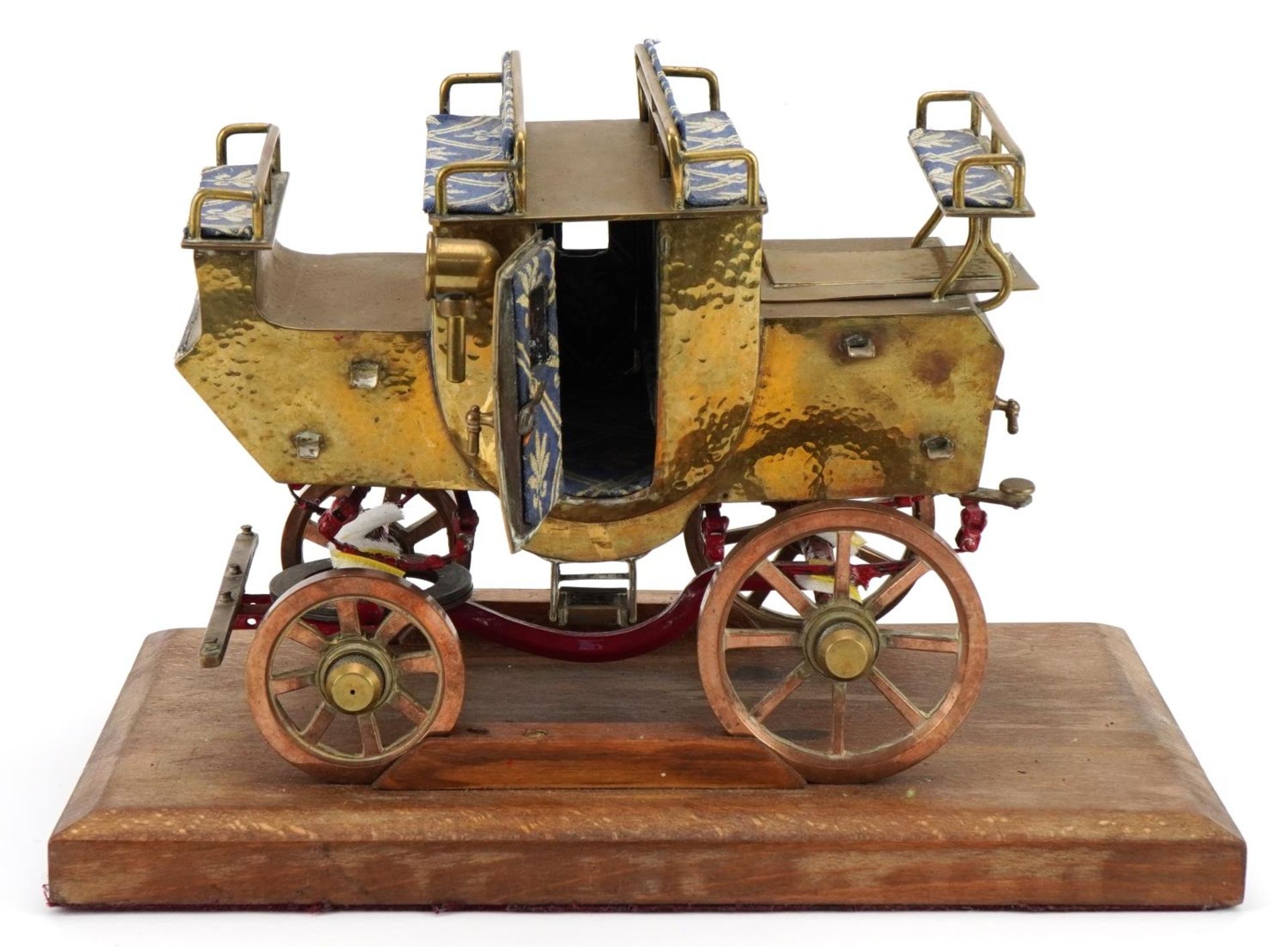 Scratch built brass, copper and iron stagecoach raised on a wooden plinth base, 32cm in length - Image 2 of 4
