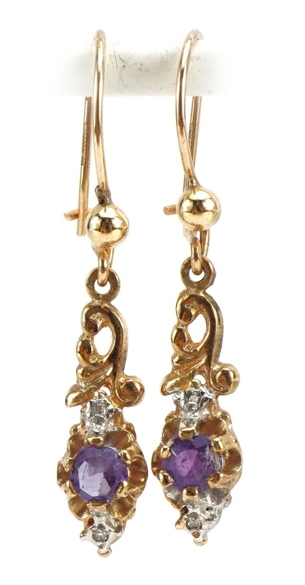 Pair of 9ct gold amethyst and diamond drop earrings, 2.1cm high, 1.9g