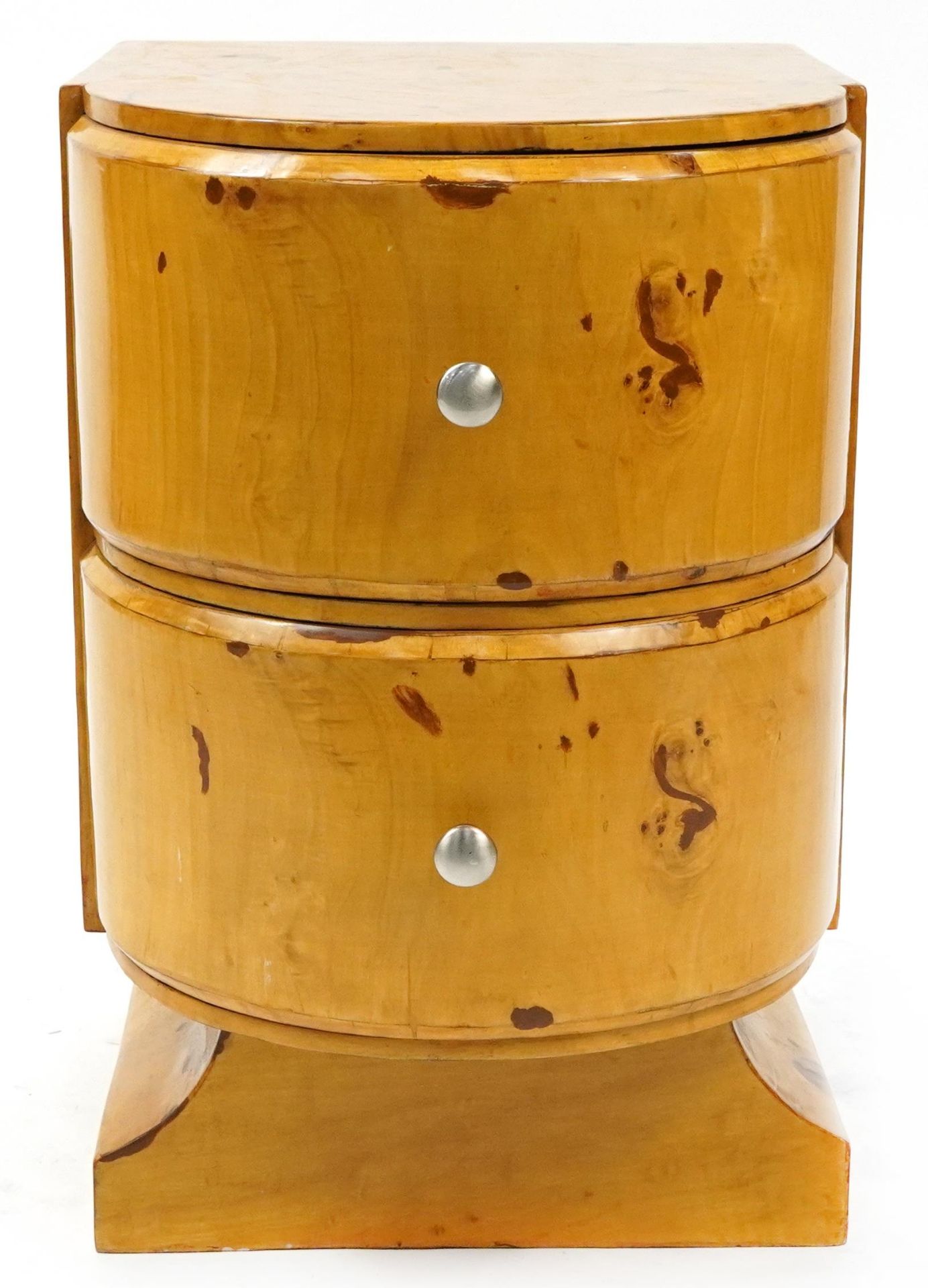 Art Deco style bird's eye maple effect two drawer bedside chest, 58.5cm H x 40cm W x 47.5cm D