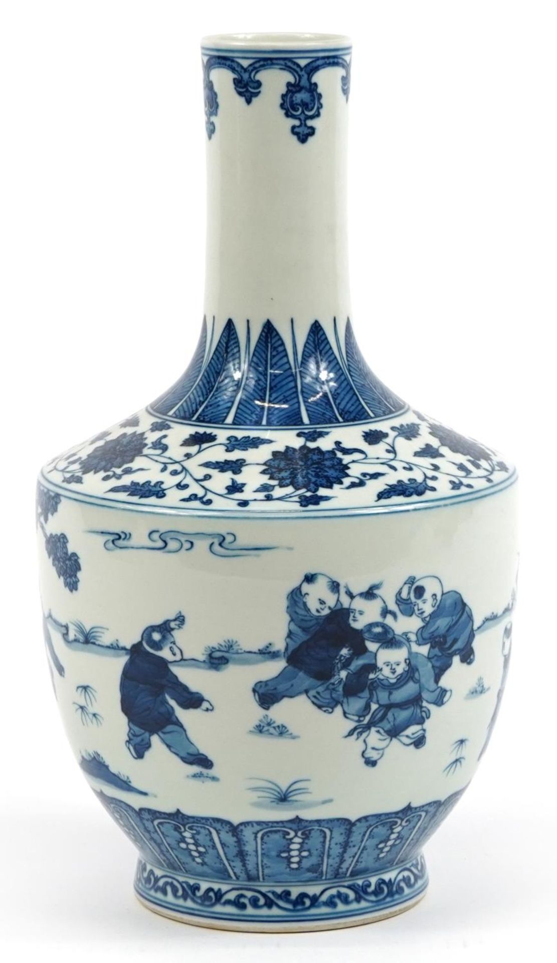 Chinese blue and white porcelain vase hand painted with children playing in a landscape, six