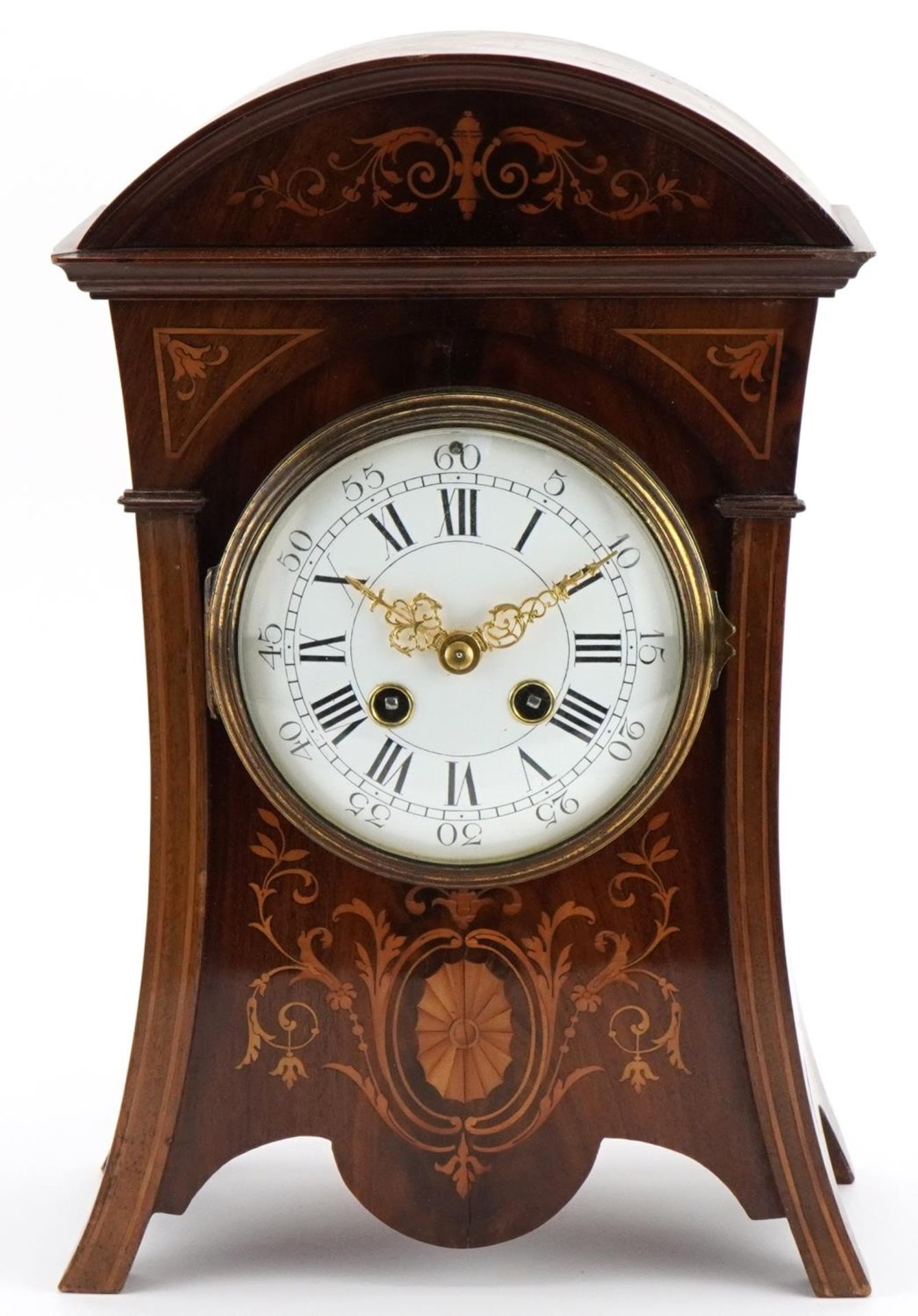 19th century inlaid mahogany mantle clock with enamelled dial, striking on a gong, having Roman - Bild 2 aus 5