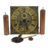 19th century brass longcase clock movement with weights and pendulum, the dial inscribed Lac