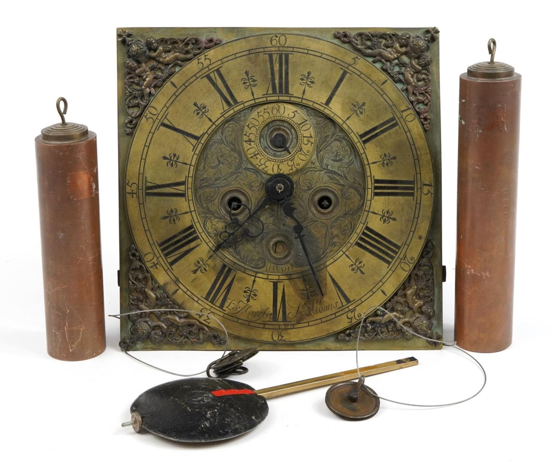 19th century brass longcase clock movement with weights and pendulum, the dial inscribed Lac