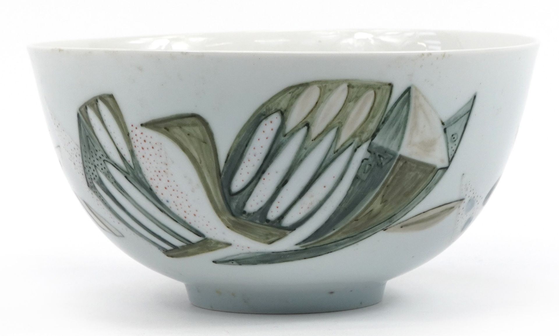 Royal Copenhagen, Danish porcelain footed bowl hand painted with stylised birds, dated 1958 to the