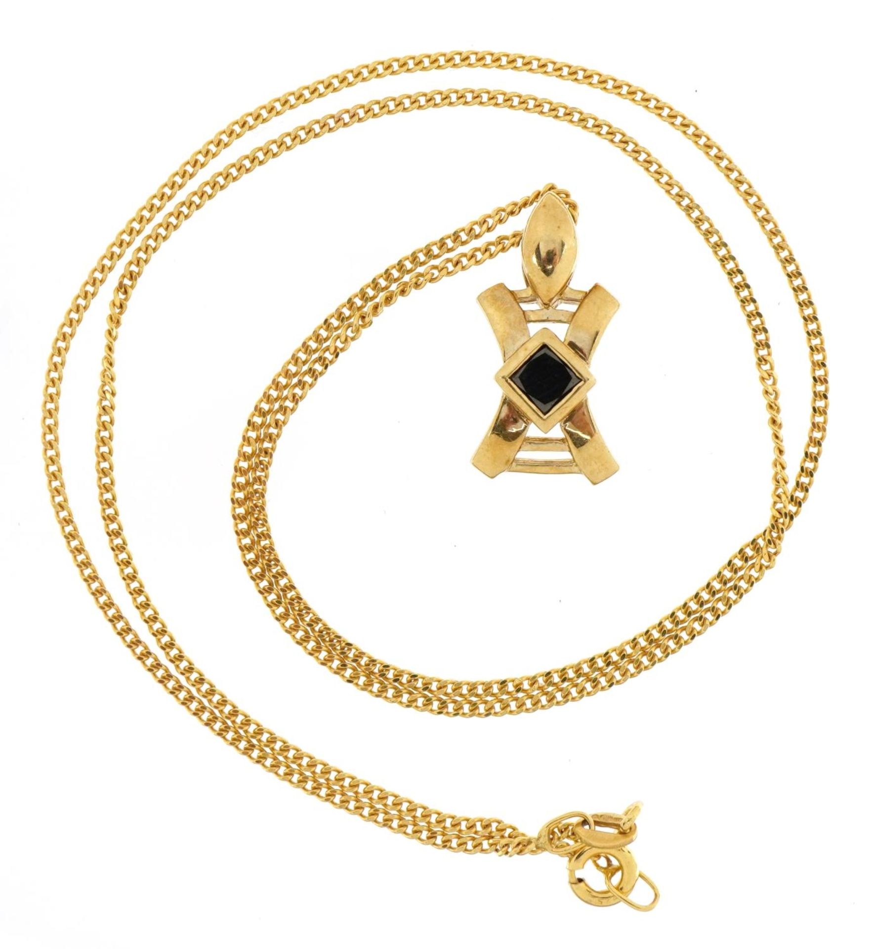 9ct gold pendant set with a black stone, possibly black diamond, on a 9ct gold diamond curb link - Image 2 of 4