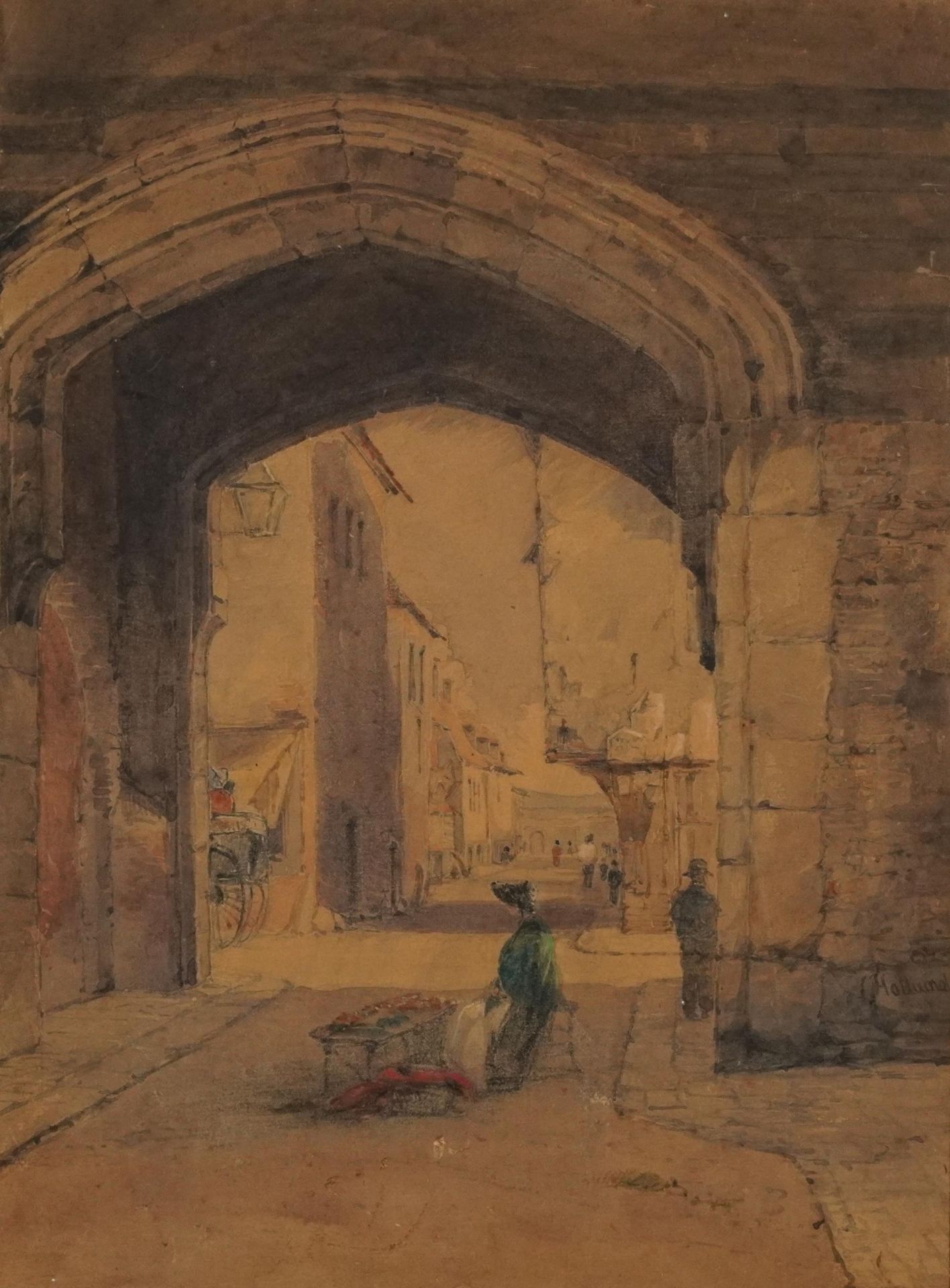 Street scene with figures and cart, late 19th century watercolour, possibly Bruges, indistinctly