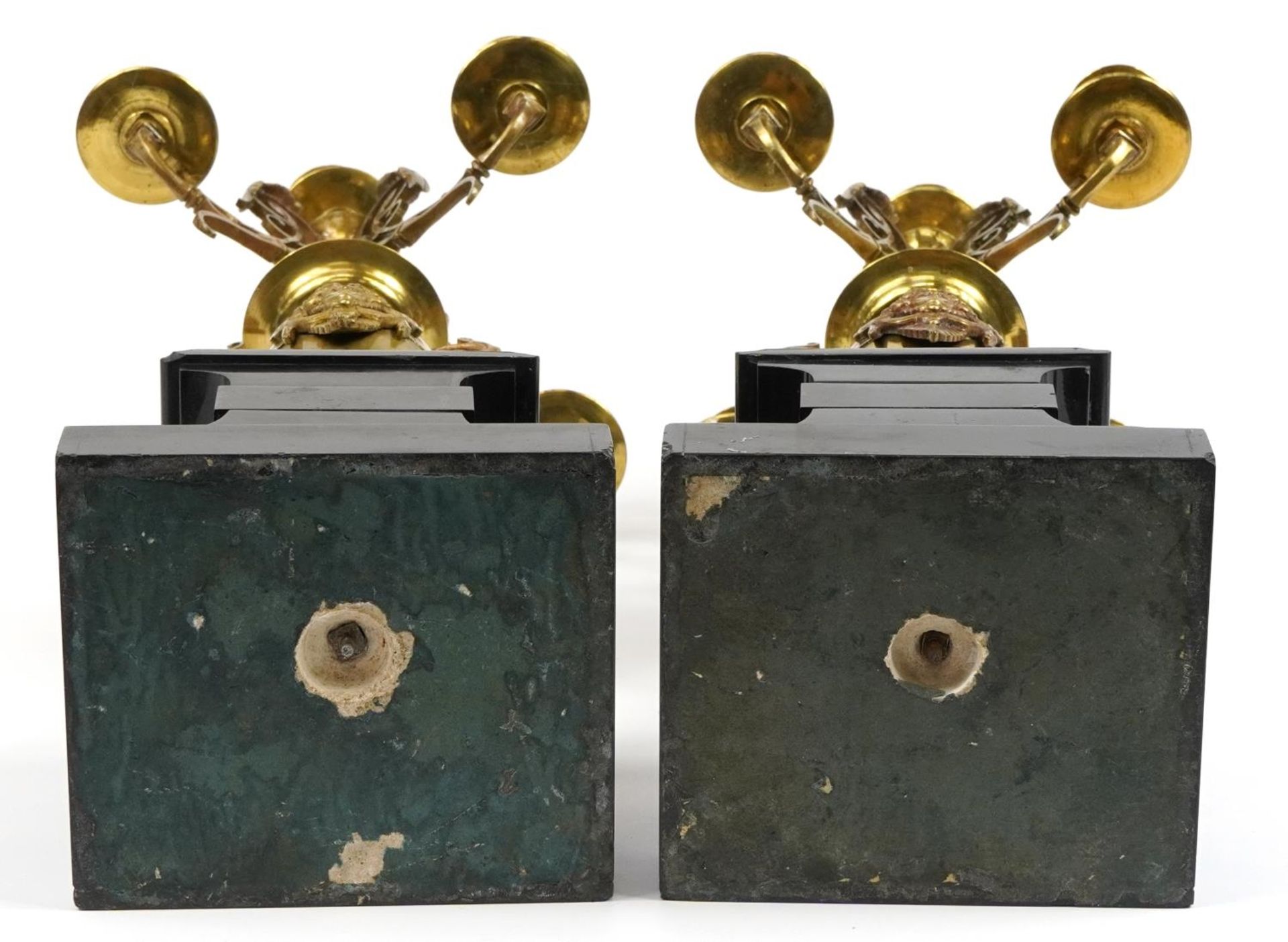 Pair of 19th century bronzed five branch candelabras raised of black slate bases, each 62cm high - Image 4 of 4