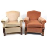Pair of Art Deco oak framed armchairs with beige and salmon upholstery, each 83cm high