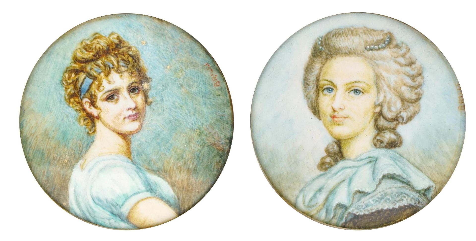 Pair of circular hand painted portrait miniatures of young females, each signed Brilli and housed in
