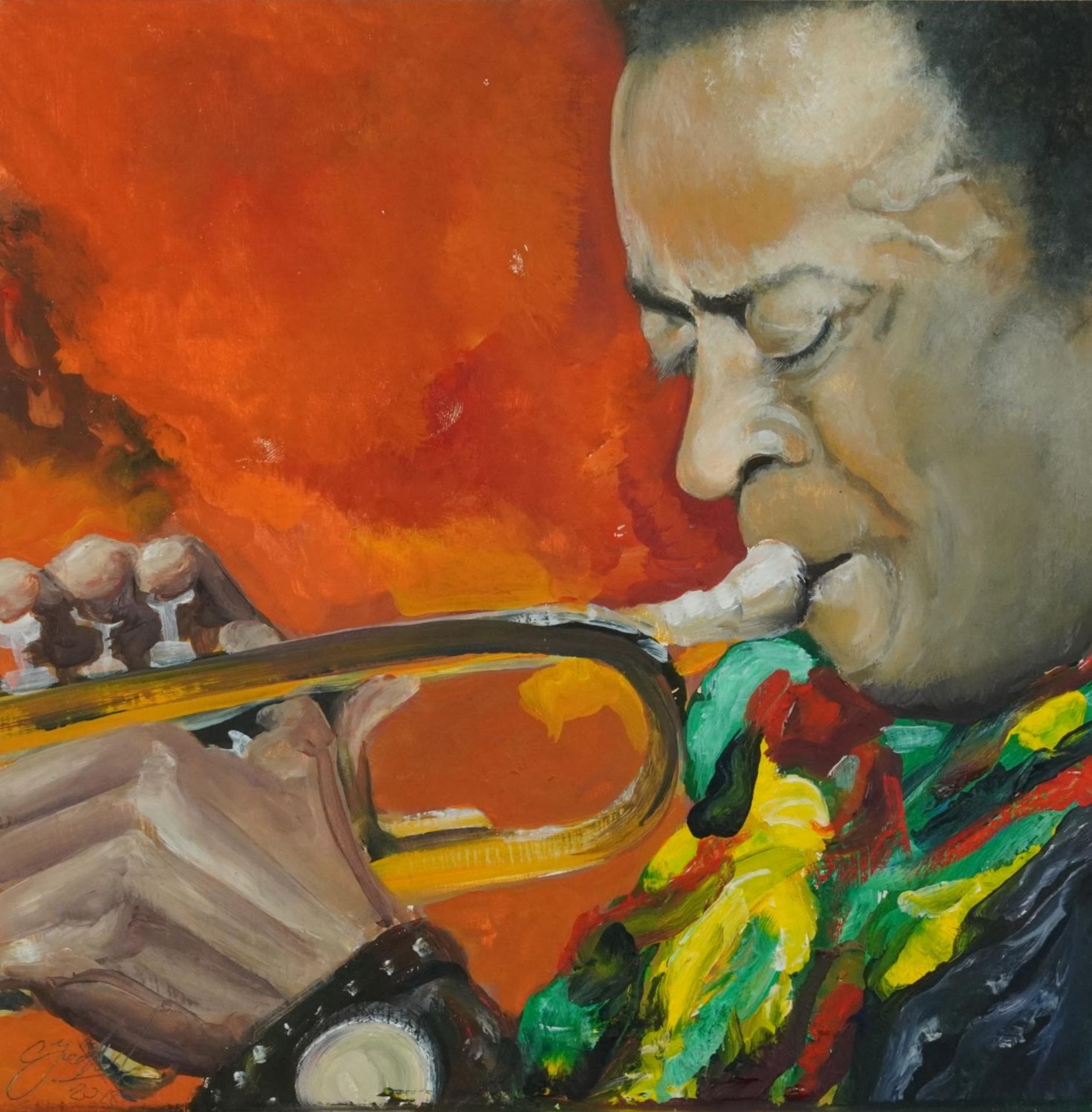 Clive Fredriksson - Portrait of Miles Davis playing the trumpet, oil, mounted, framed and glazed,