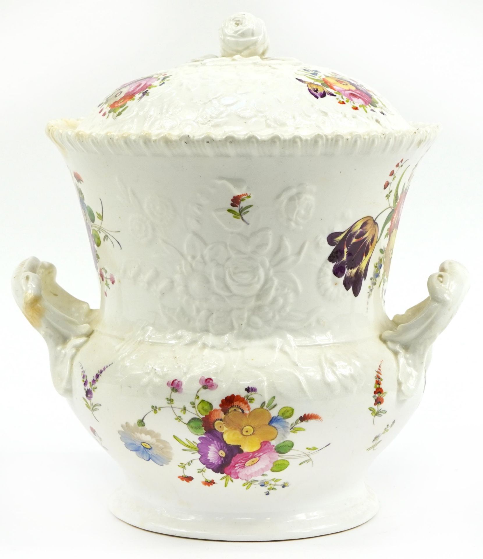 Large 19th century Staffordshire pottery vase and cover with twin handles hand painted with flowers, - Image 2 of 3