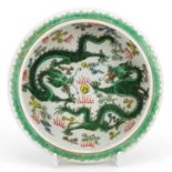 Chinese porcelain shallow brush washer hand painted in the famille verte palette with dragons