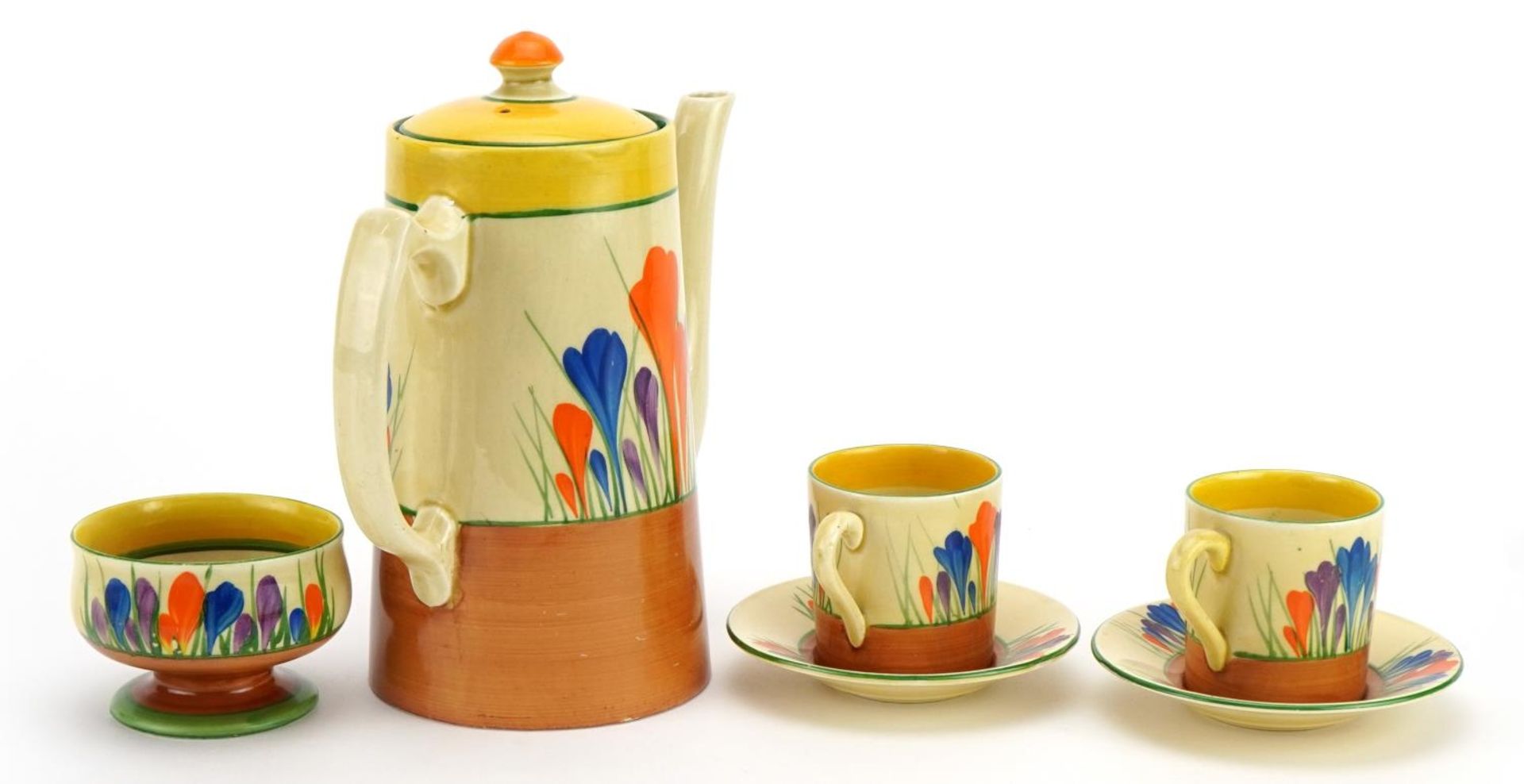 Clarice Cliff, Art Deco Crocus pattern part coffee service comprising coffee pot, two coffee cans - Bild 2 aus 4