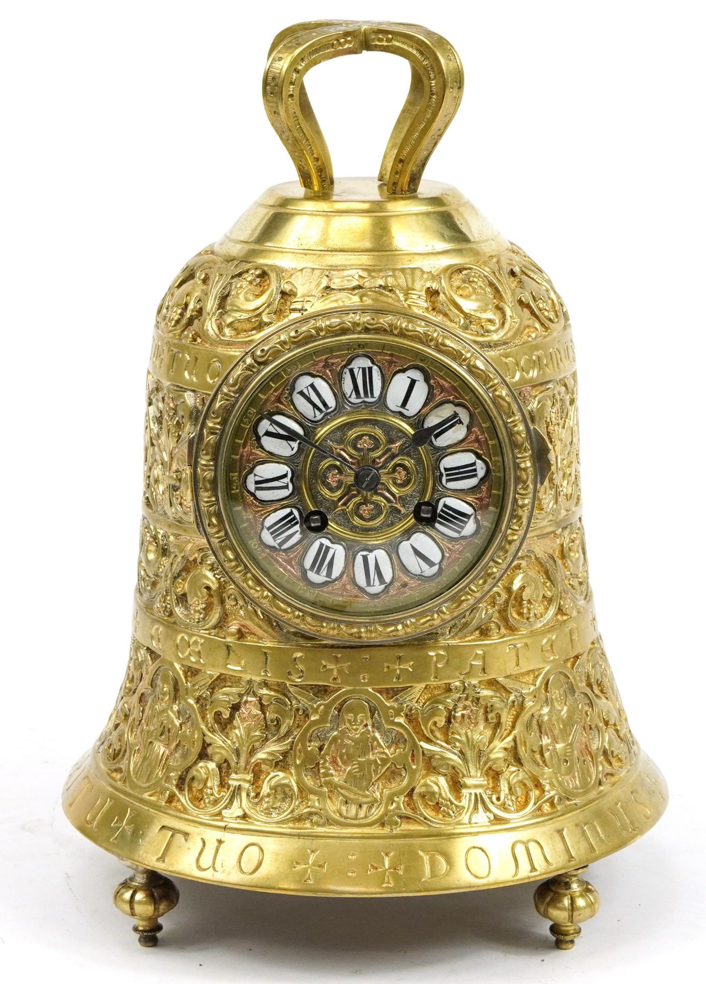 19th century ornate gilt metal bell shaped mantle clock having Roman numerals, the movement named