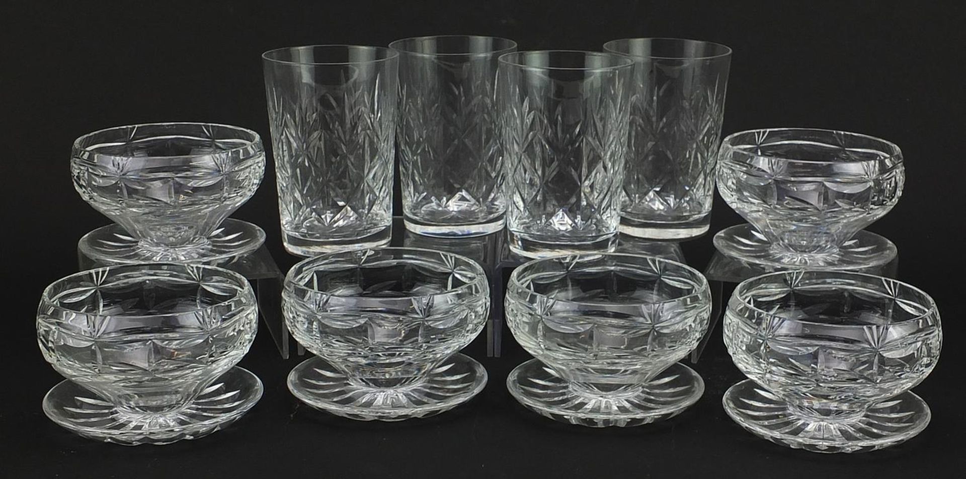 Set of six Stuart Crystal sundae dishes and set of four drinking glasses, the largest each 10.5cm