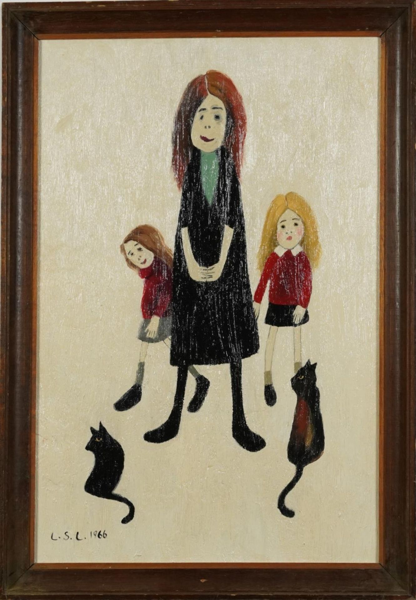 Manner of Laurence Stephen Lowry - Three figures with cats, Manchester school oil on board, - Bild 2 aus 4